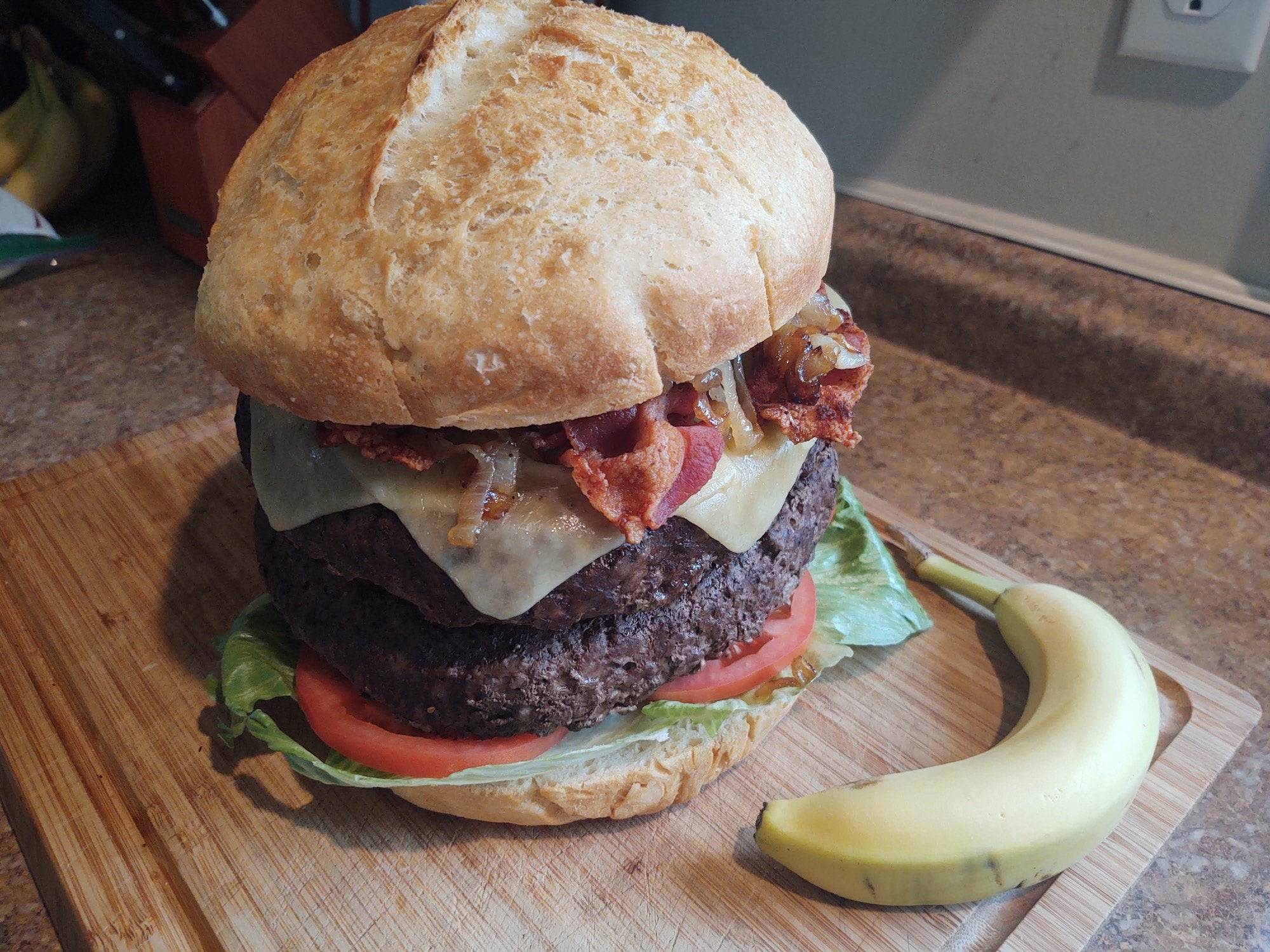Made a big burger. Banana for scale. Dining and Cooking