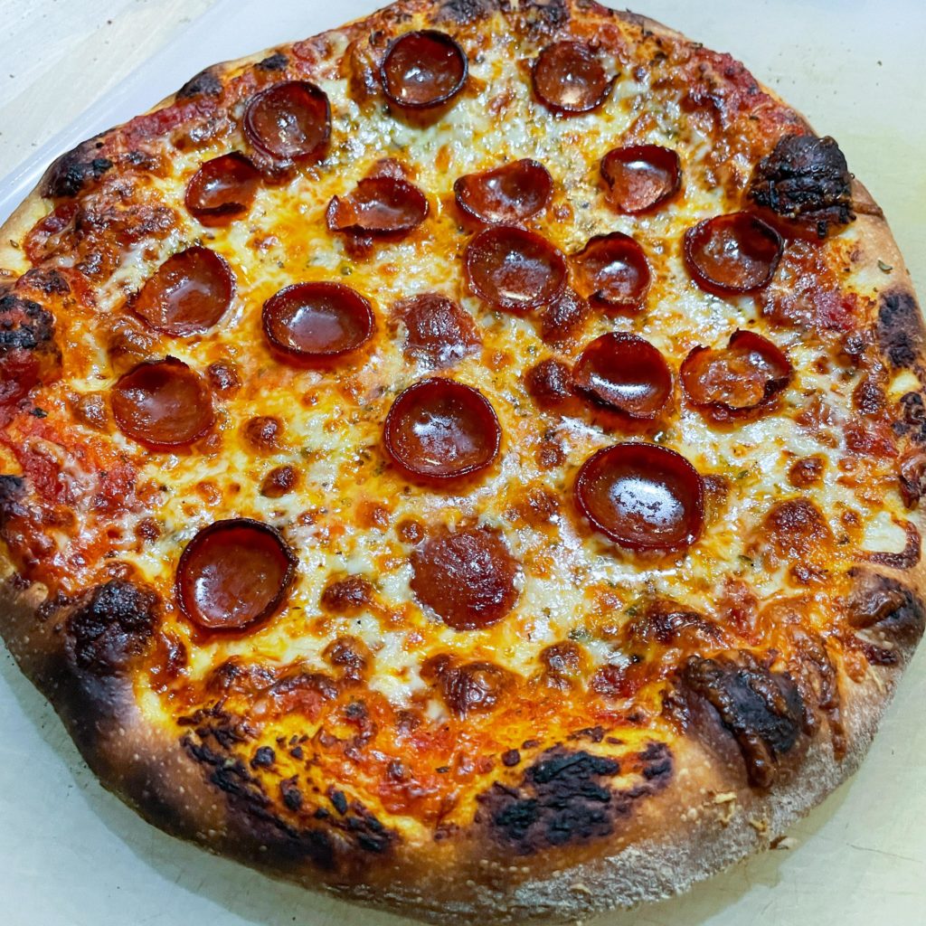 Homemade pepperoni pizza.