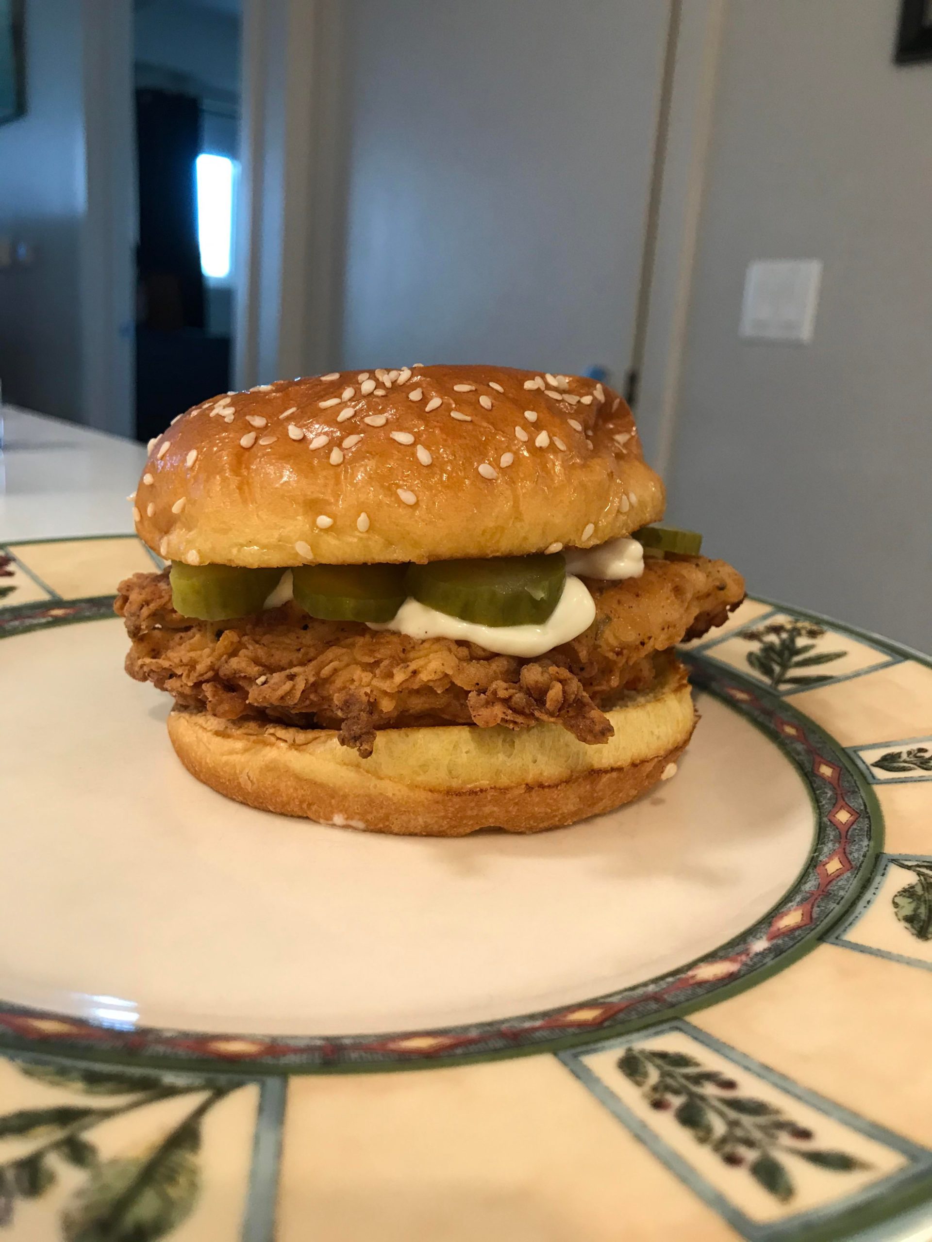 Homemade Fried Chicken Sandwich with Mayo and Pickles. Dining and Cooking