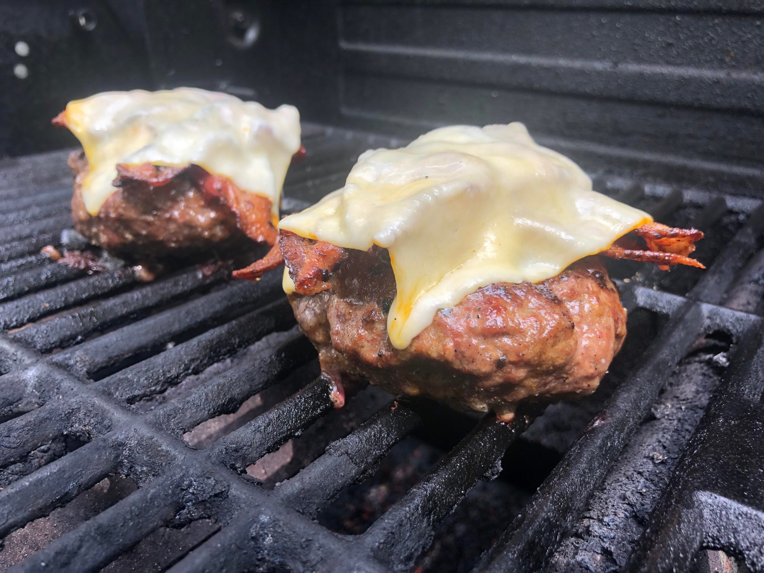 Double bacon (Muenster) cheese burger waiting for the brioche buns to