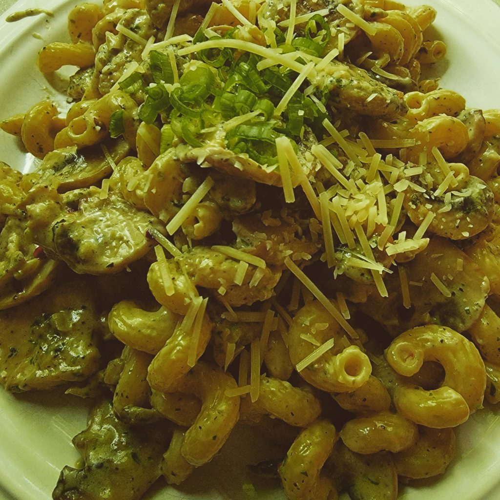 Creamy chicken mushroom cavatappi with parmesan and scallions