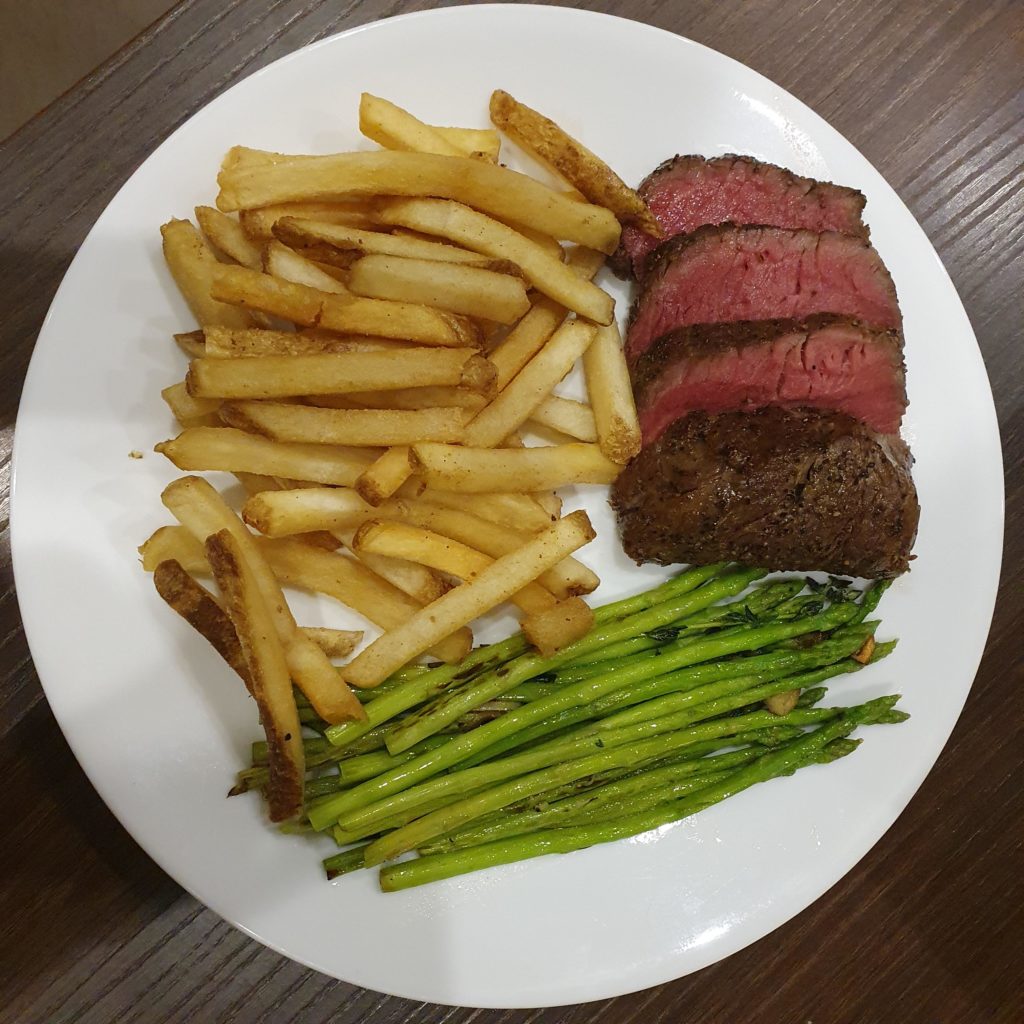 Beef Tenderloin at 132f for 2 hours and fries for days.