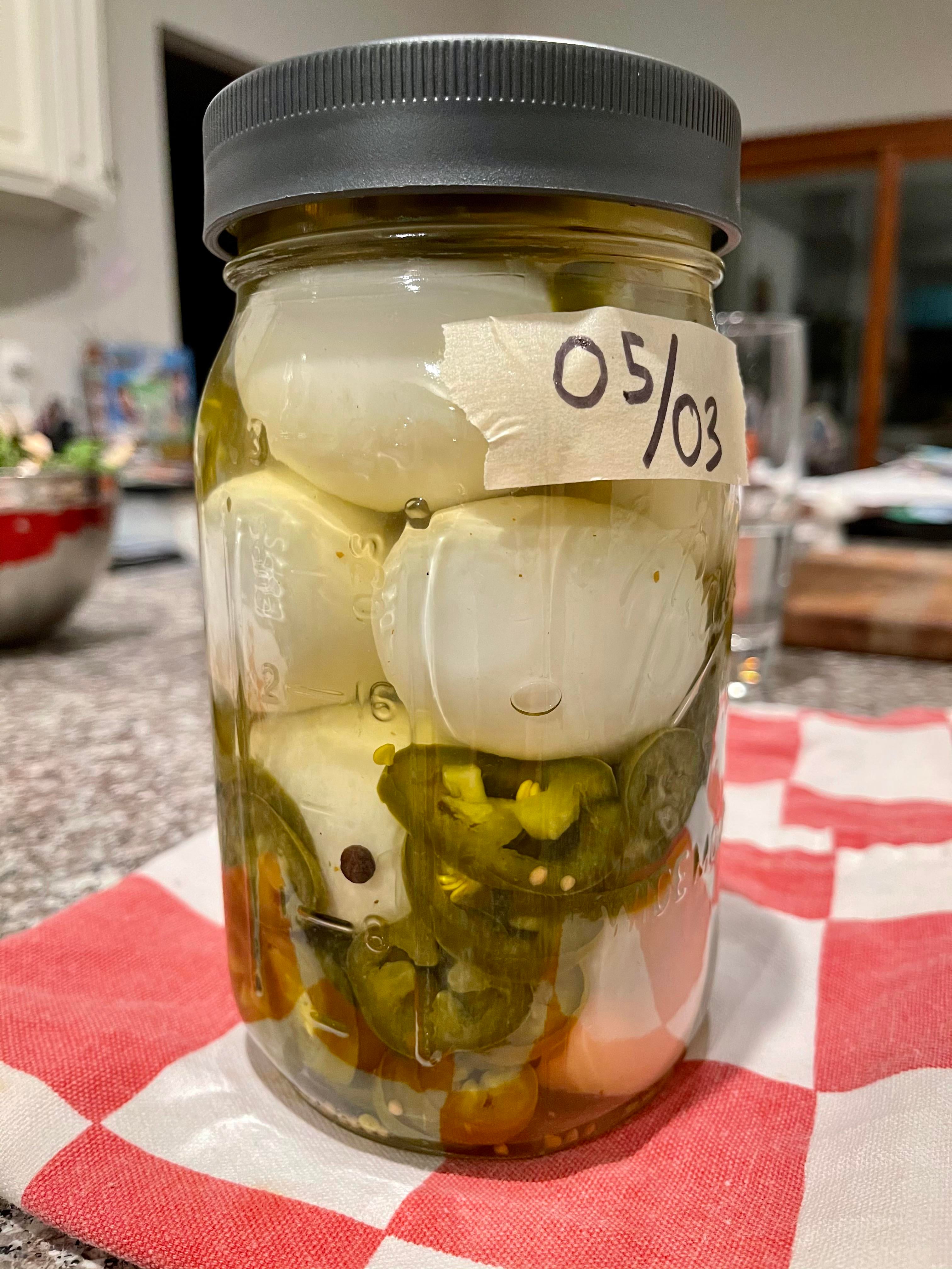 Pickled Eggs and Jalapeños. A favorite snack of mine. Dining and Cooking