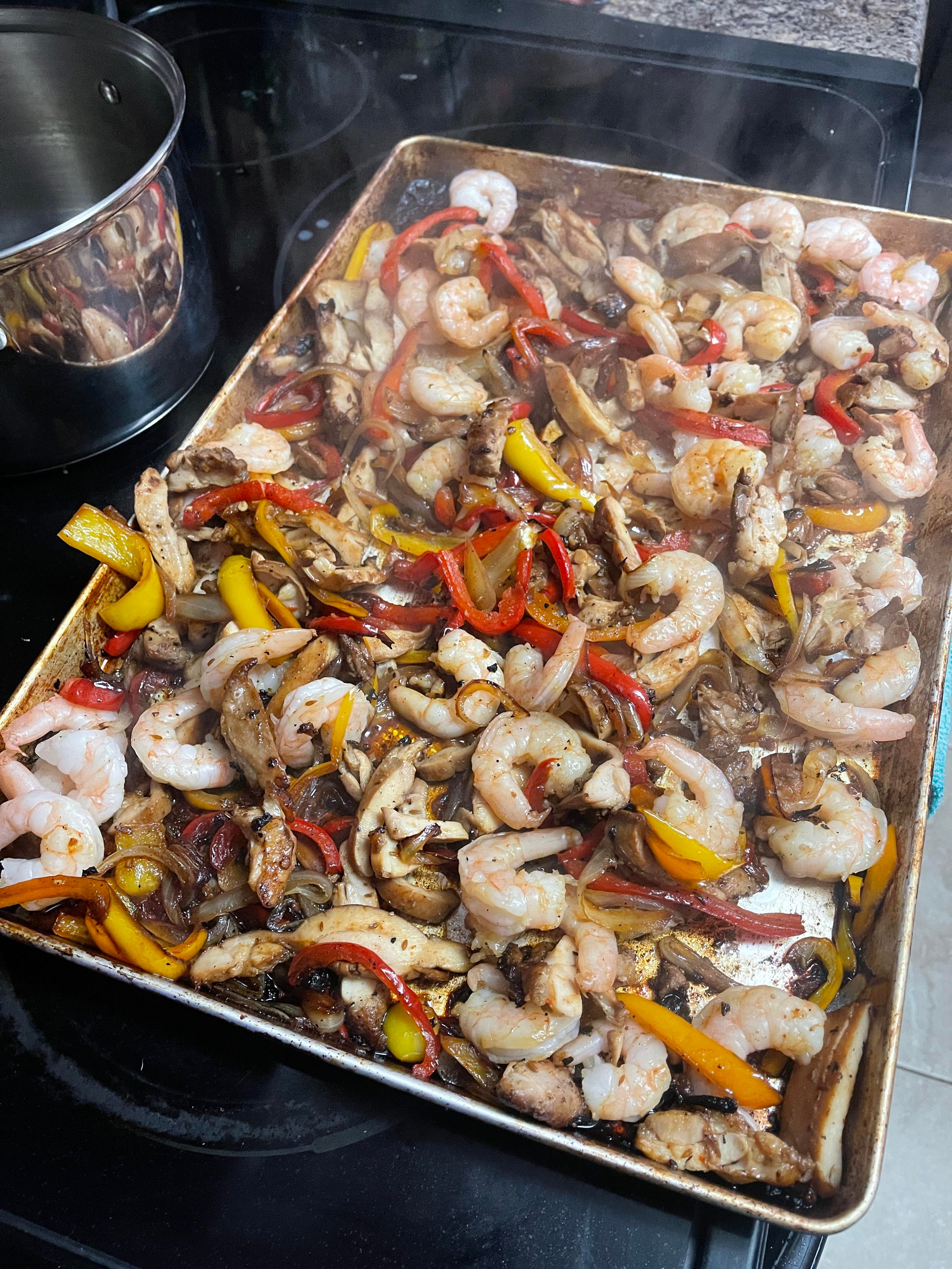 Sheet pan chicken and shrimp fajitas Dining and Cooking
