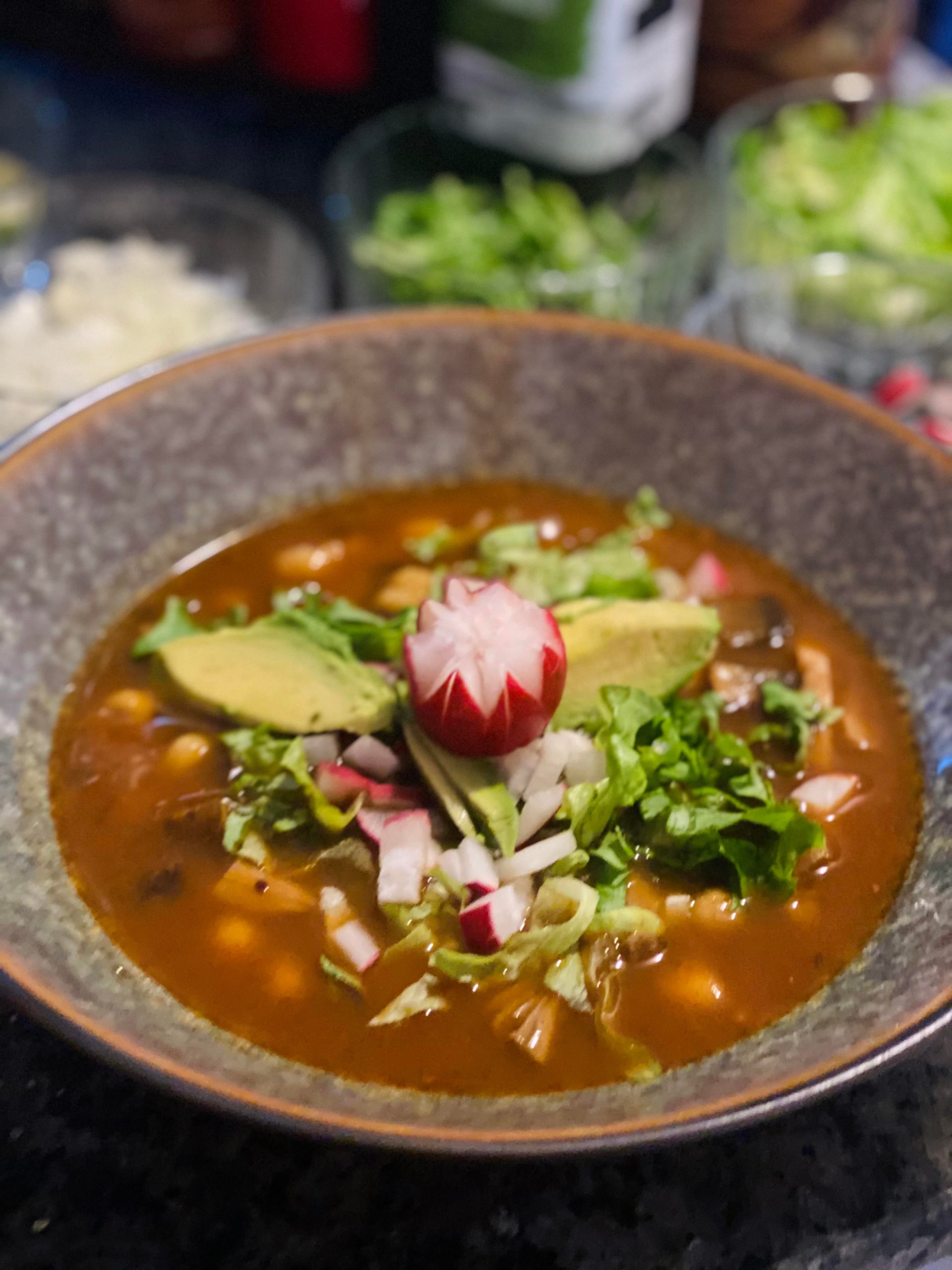 Homemade vegan pozole with jackfruit and portobello mushrooms! Dining