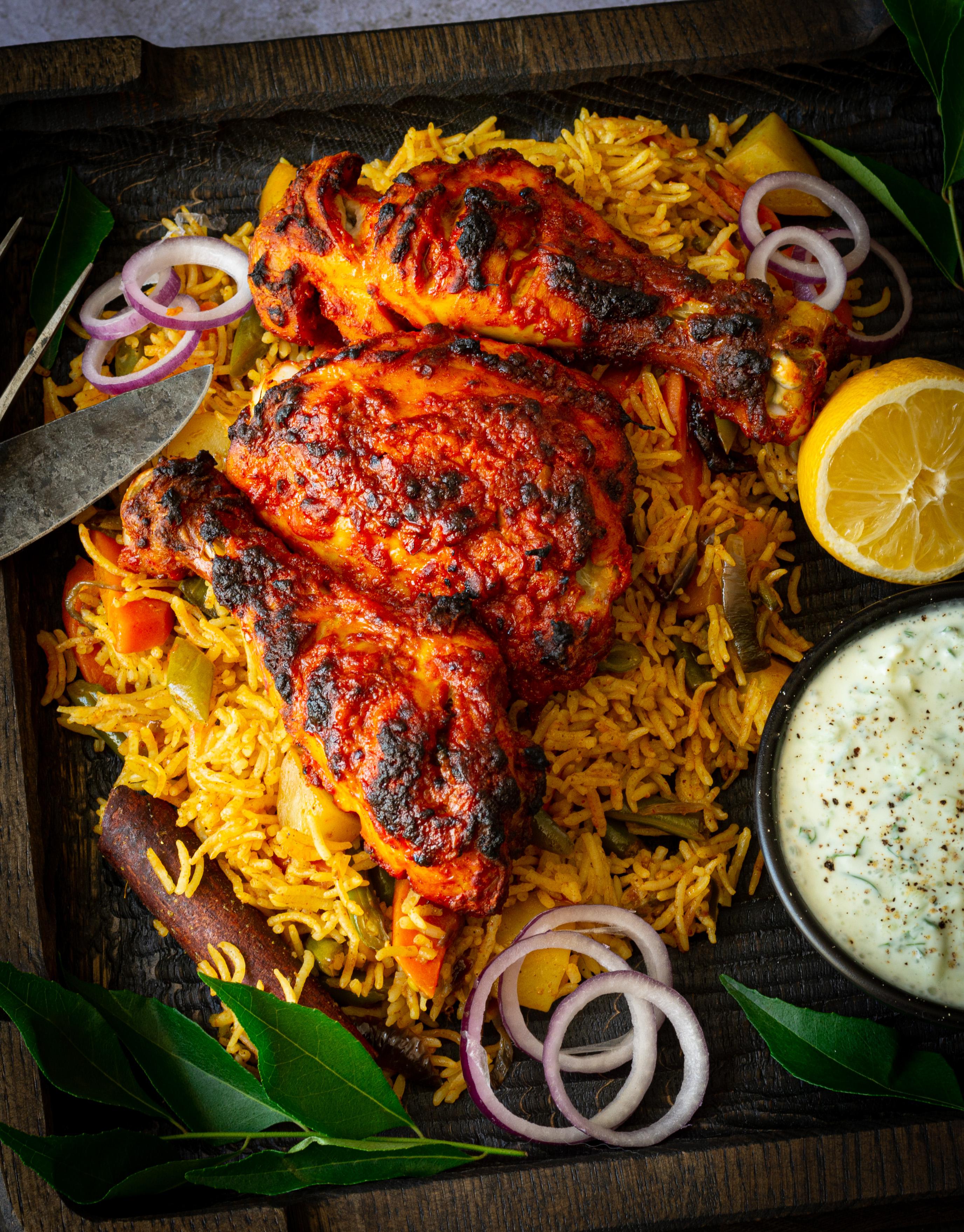 Chicken Tandoori with Vegetable Biryani & Cucumber Raita - Dining and ...
