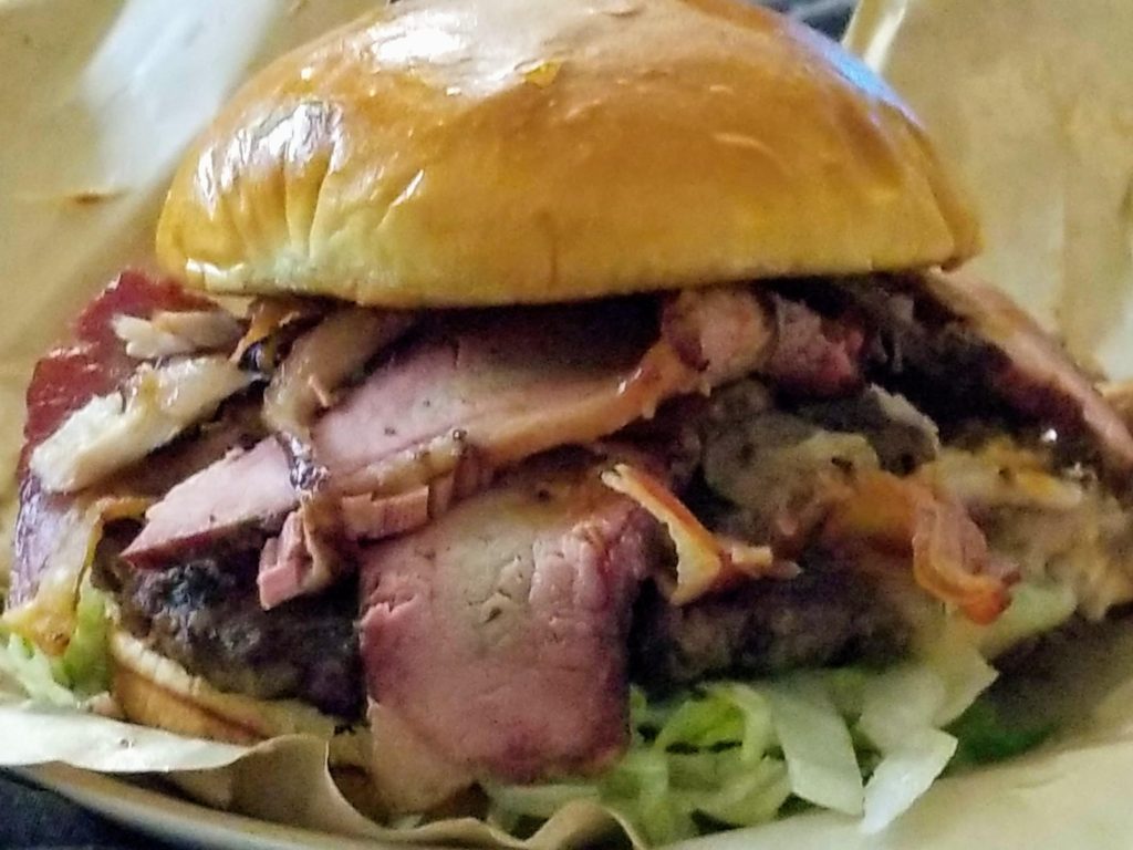 The Boss Burger from Chili's - Stuffed with bacon, sausage, pulled rib meat, brisket and a half-pound beef patty – not to mention cheddar cheese, ranch and barbeque sauce and the usual lettuce and tomato