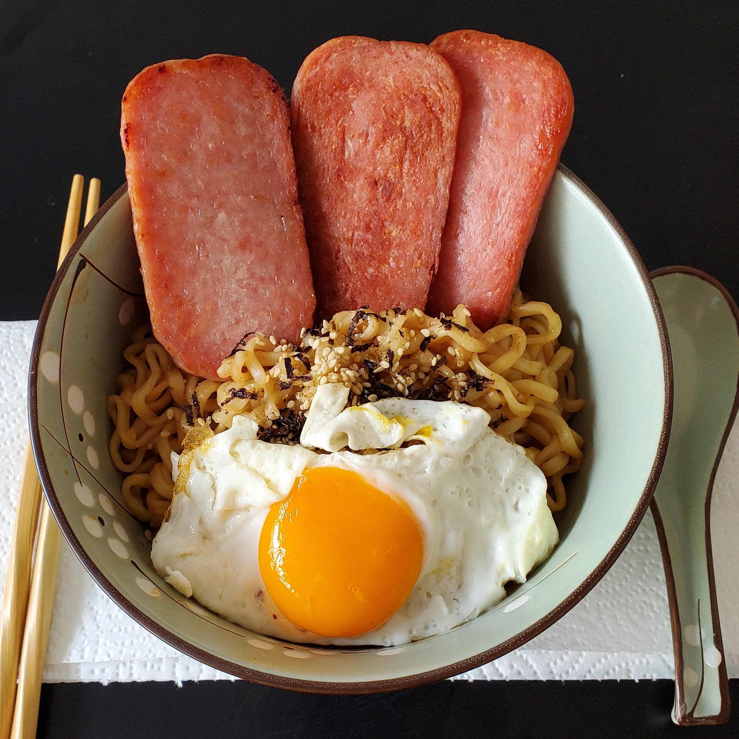 Spicy ramen with Spam and a fried egg. Dining and Cooking