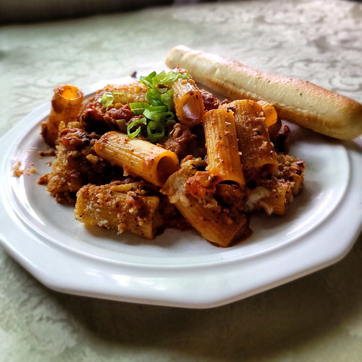 PlantBased Protein Ragù Rigatoni Bake with Italian Cheese and Crispy