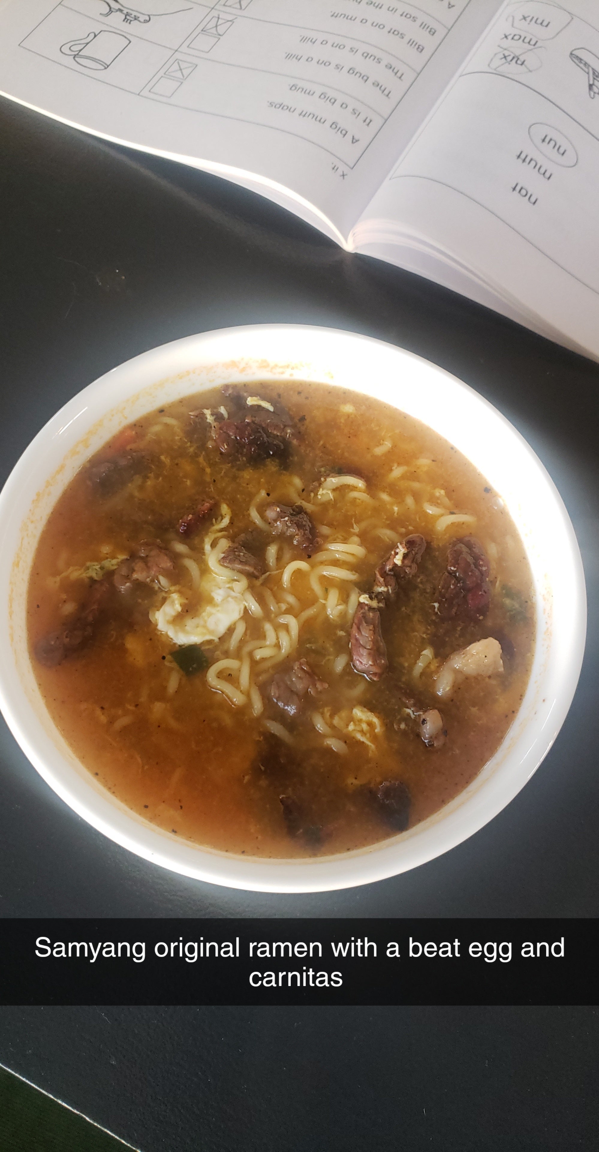 Samyang original (orange package) with beat egg and carnitas. - Dining ...