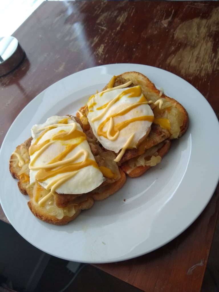 Went open-faced for brunch today. Kroger English toasting bread crisped up with bacon grease, melted co-jack, caramelized onion, Zummo's boudain, over-medium egg, Colman's mustard and Kewpie mayo.