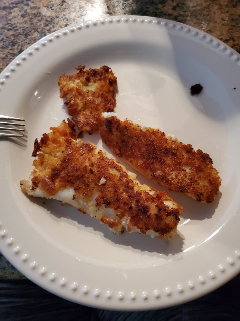 Pan seared Orange Roughy (farm raised) with a lemon pepper, butter, and ritz cracker crust!