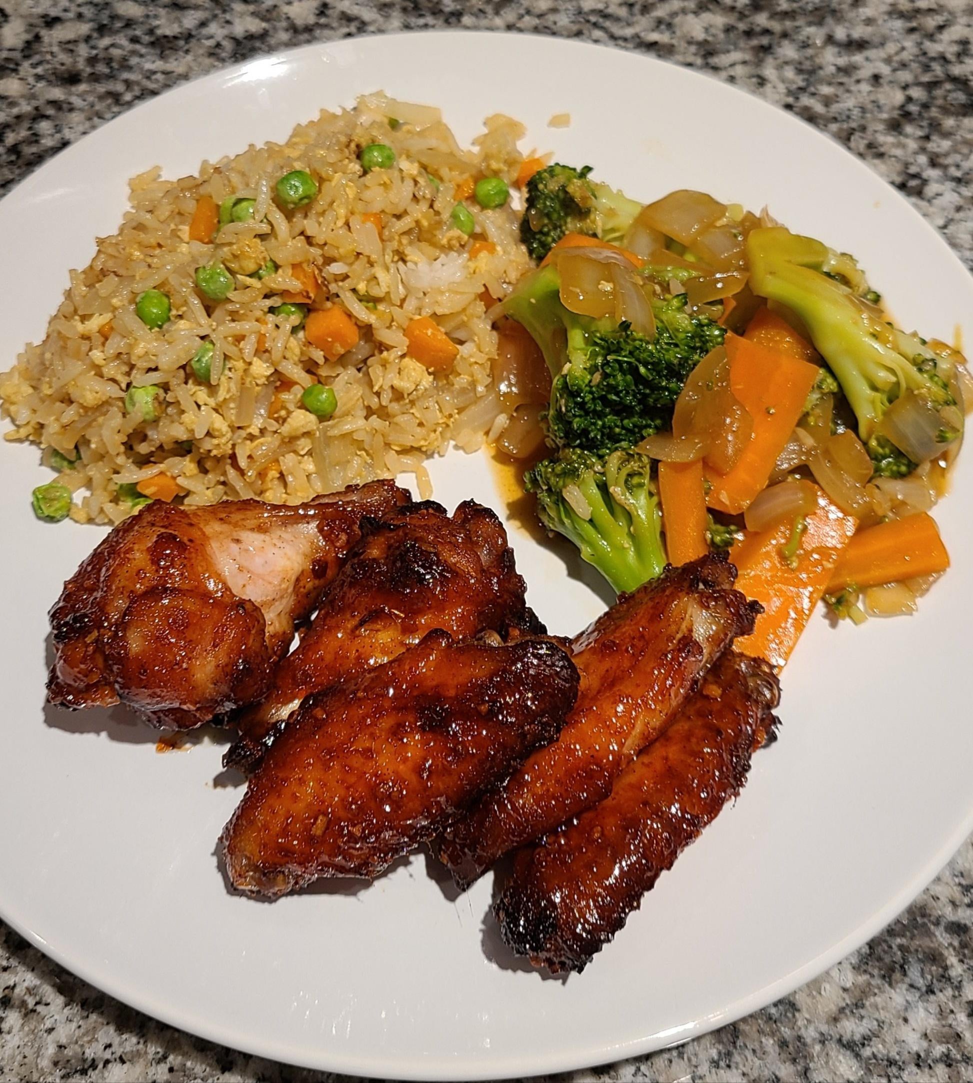 Chinese BBQ wings with fried rice and assorted veggies! Dining and