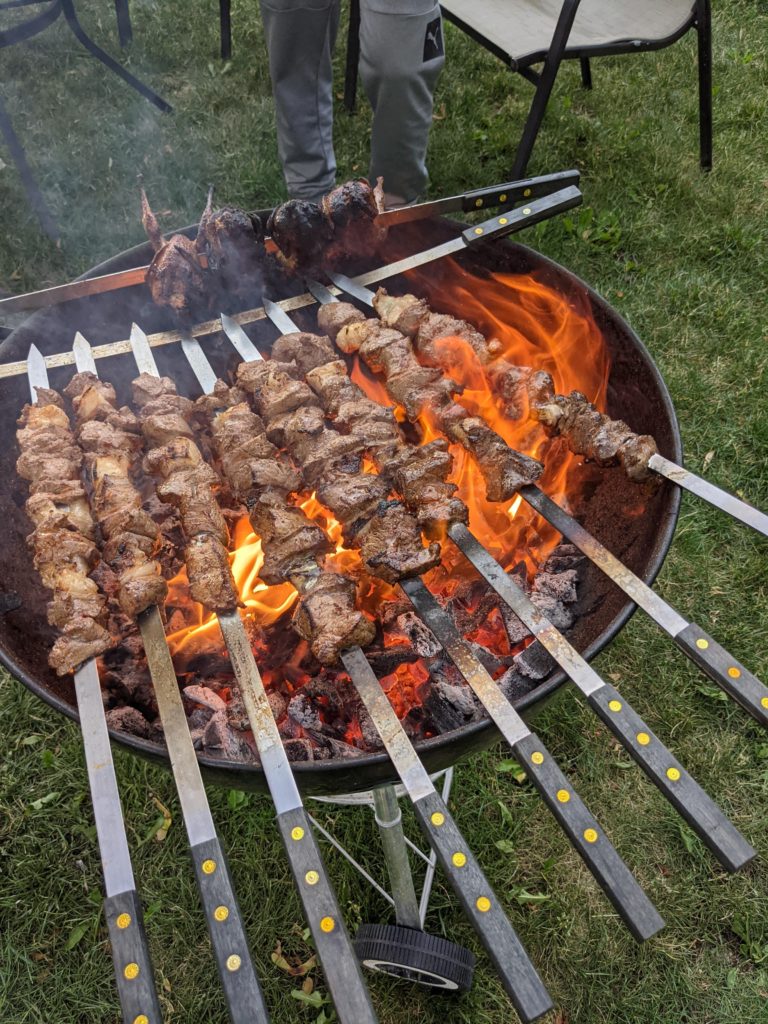 Beef tenderloin kabobs with fat cubes.