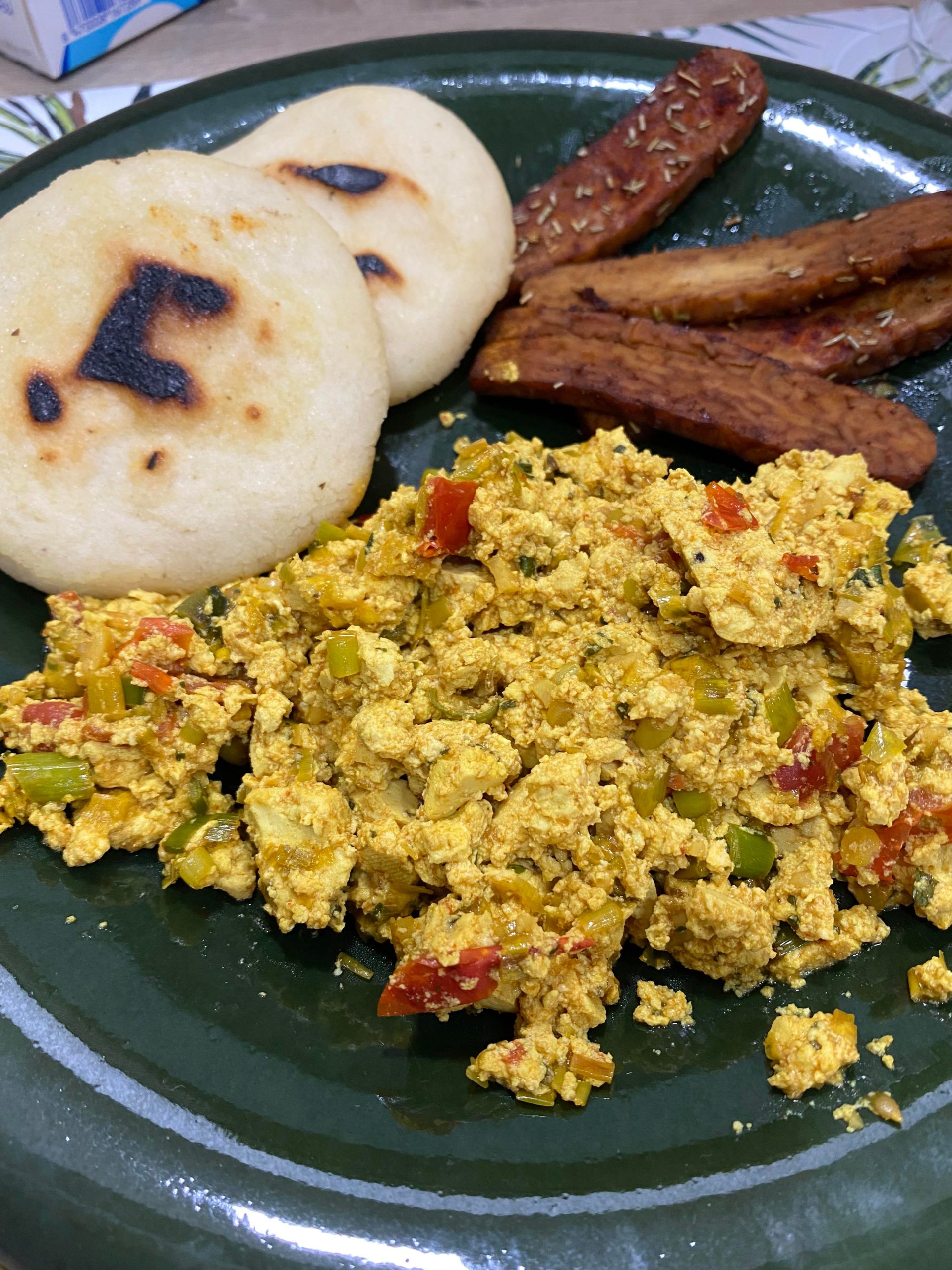 My favorite breakfast tofu scramble, bbq tempeh and venezuelan arepas