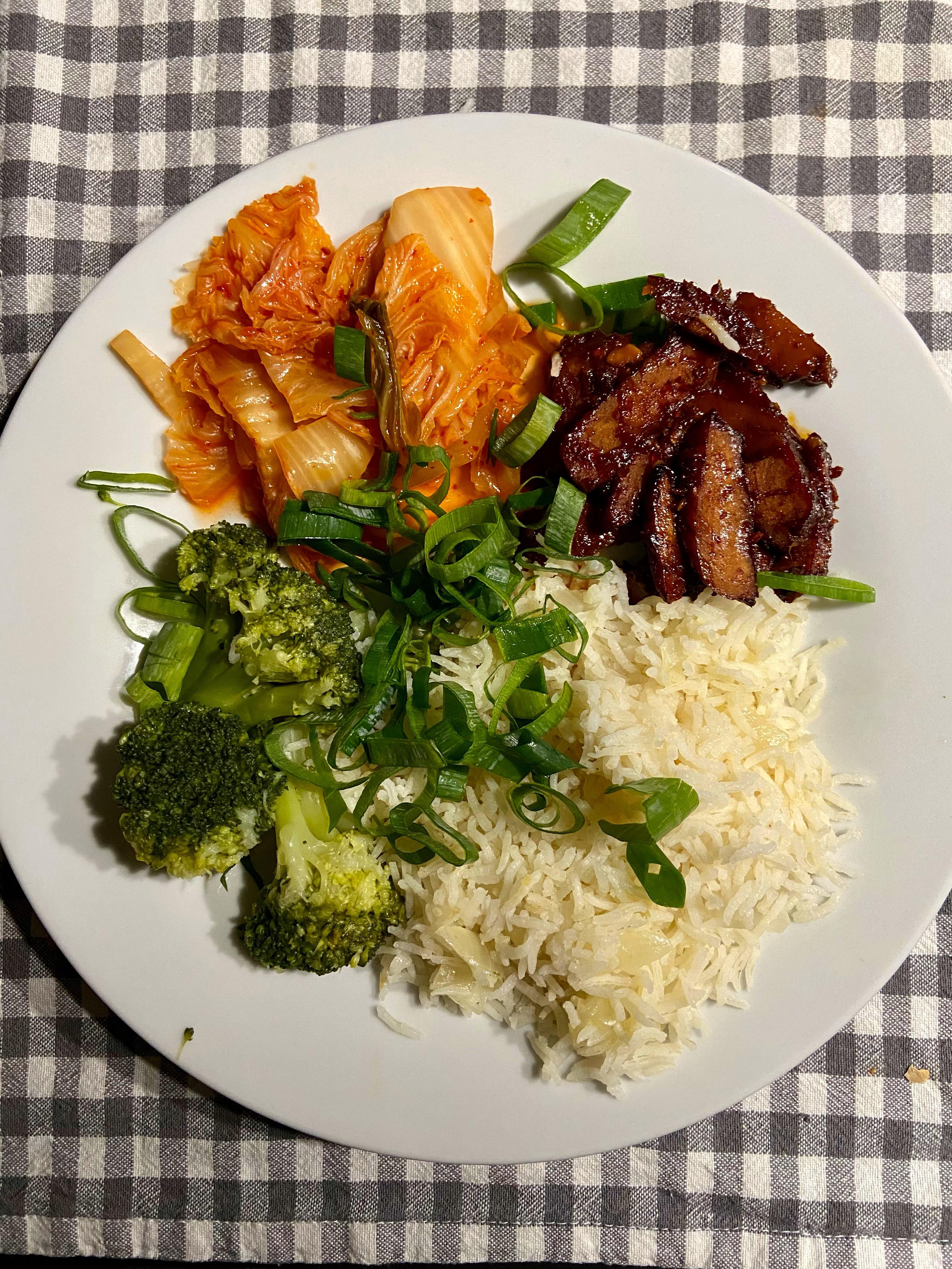 Korean Seitan with Kimchi broccoli and rice Dining and Cooking