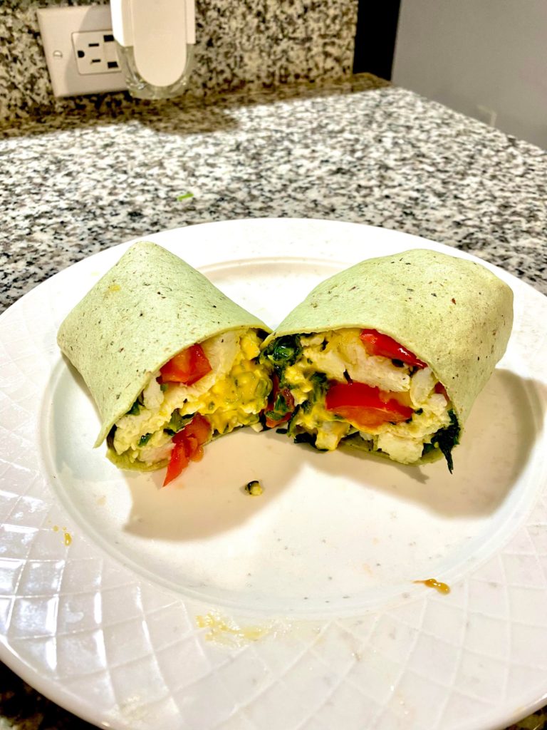 Breakfast egg white burrito in low cal tortilla (240 Calories total). Ingredient/calorie breakdown in comments