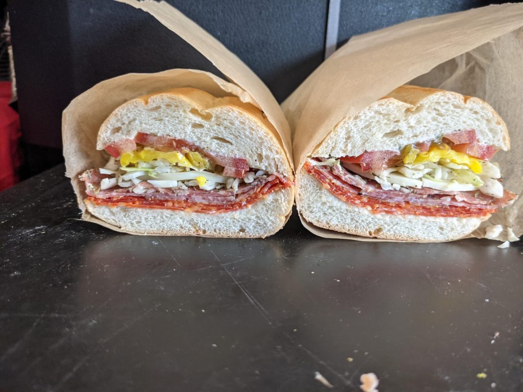 The not so Italian, Italian sub! Italian bread, tomatoes, banana peppers, lettuce, provolone, salami, pepperoni, best foods mayonnaise, and English mustard!