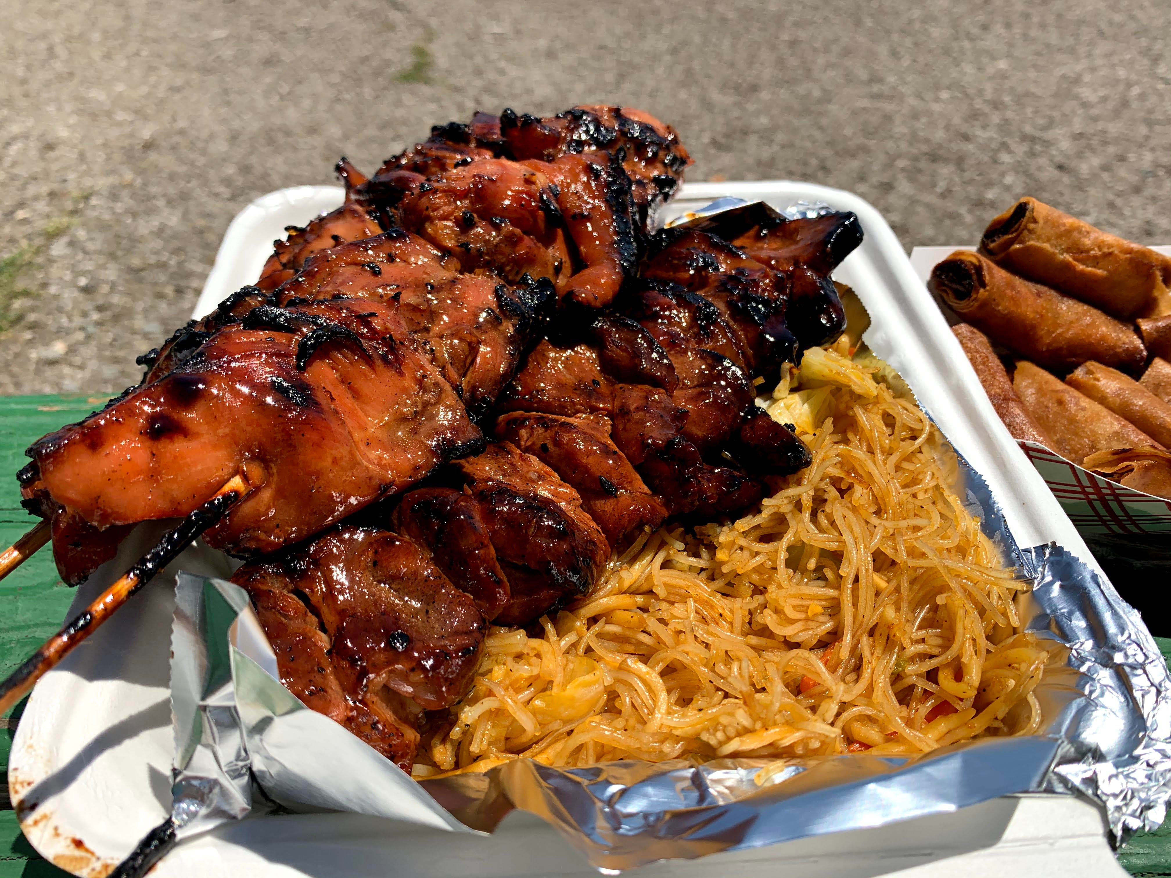 Filipino bbq on a stick, lumpia, and pancit - Dining and Cooking
