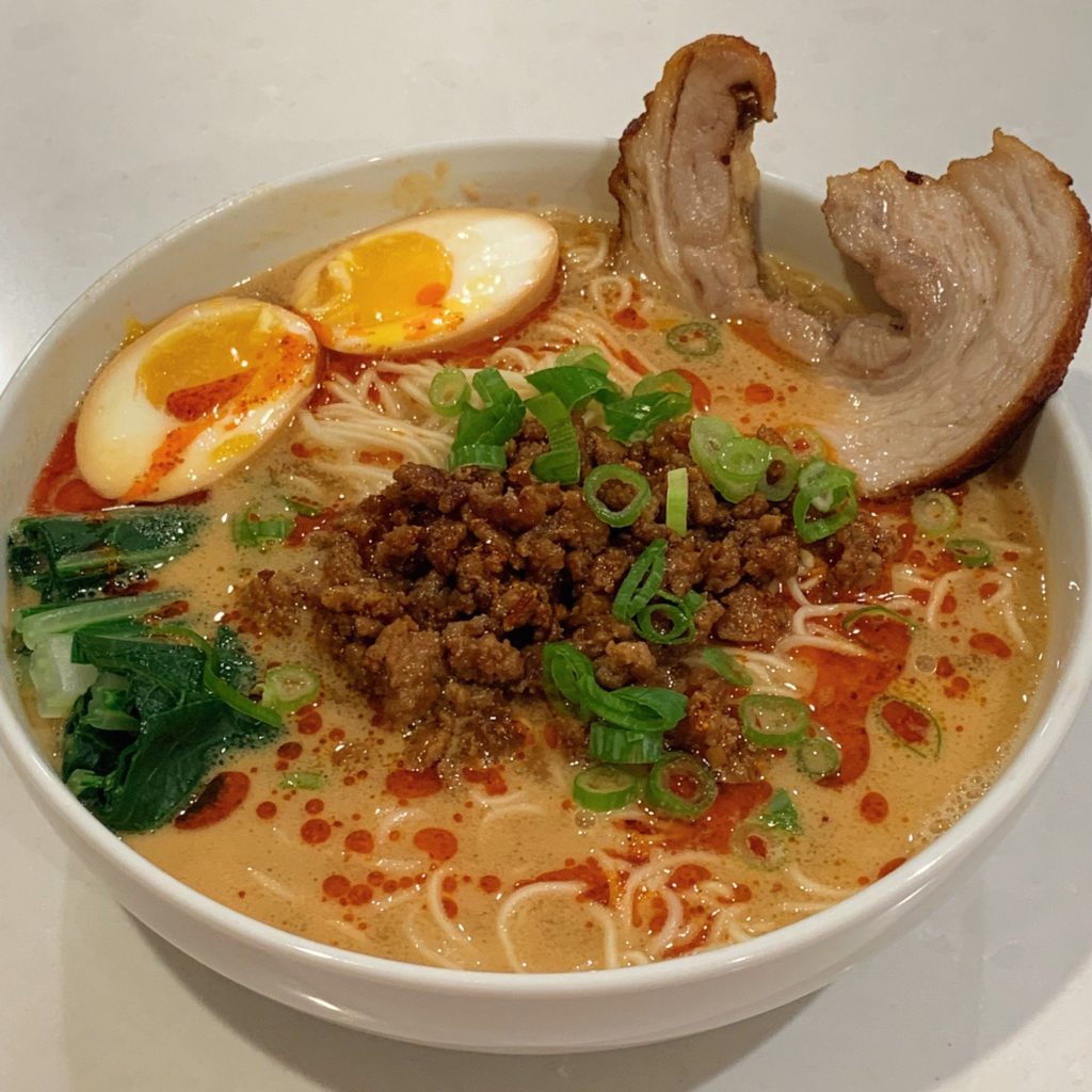 Tantanmen with Pork Soboro, Chashu, Bok Choy, and Ajitama. First time making proper ramen!