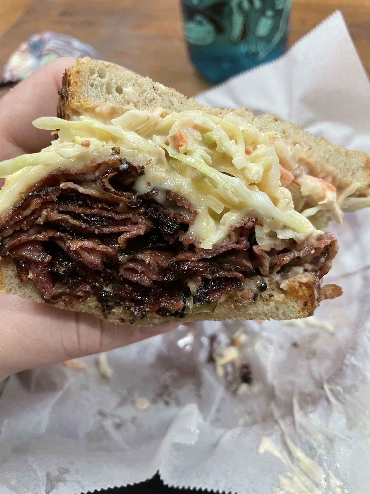 The Sam from Stein’s Deli in New Orleans—pastrami, Swiss, coleslaw, and