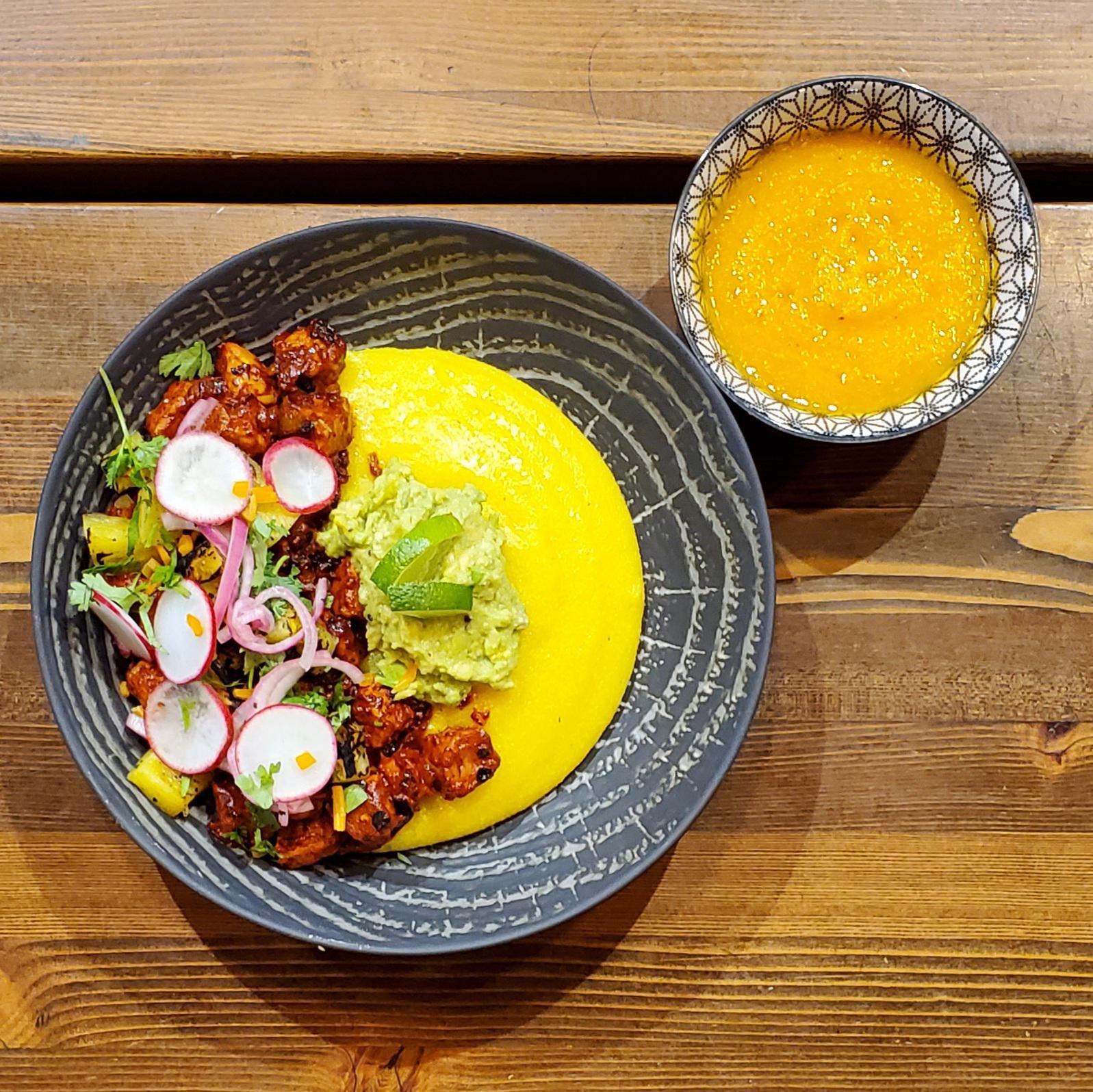 Tempeh al Pastor over polenta and habanero sauce Dining and Cooking