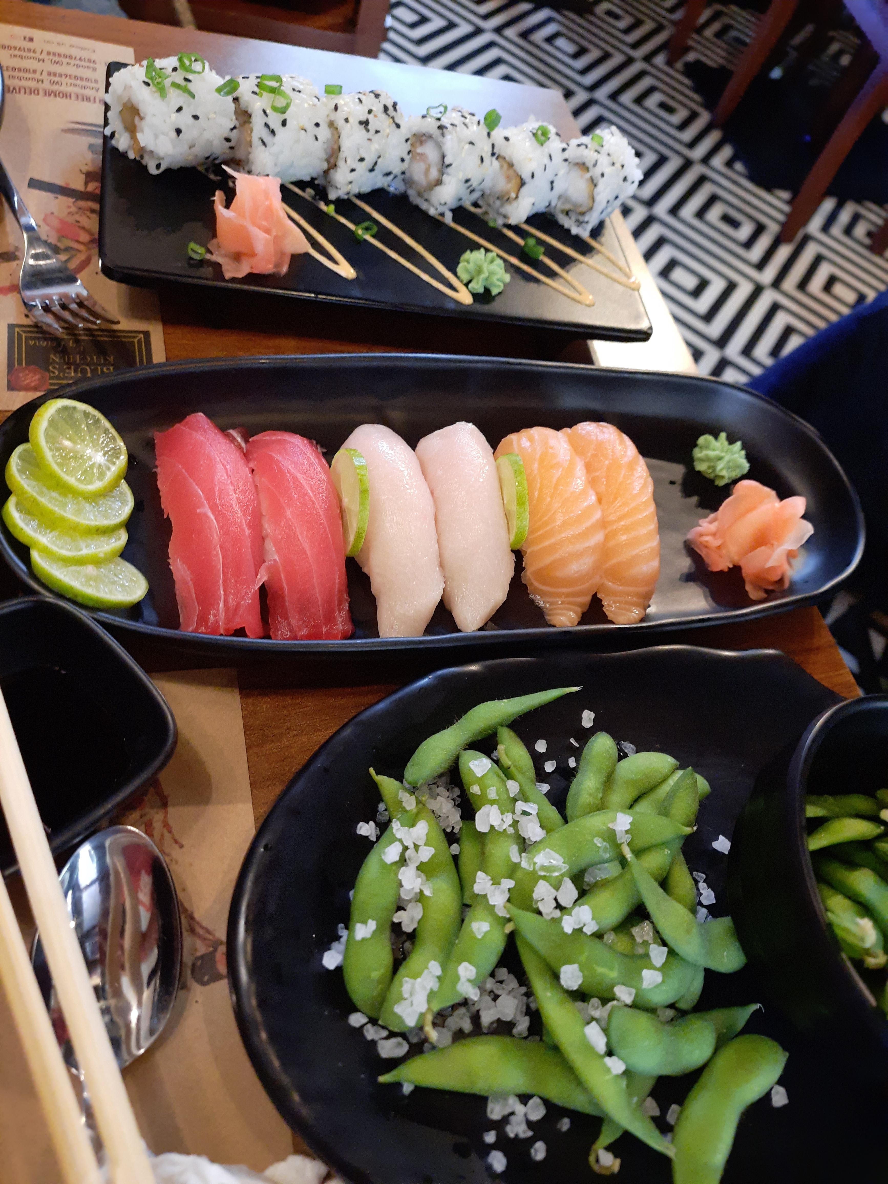 Prawn tempura maki roll and nigiri platter (tuna, yellowtail, salmon