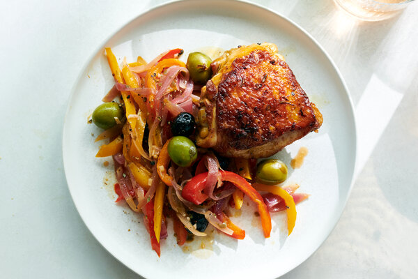 Crispy Chicken Thighs With Peppers, Capers and Olives