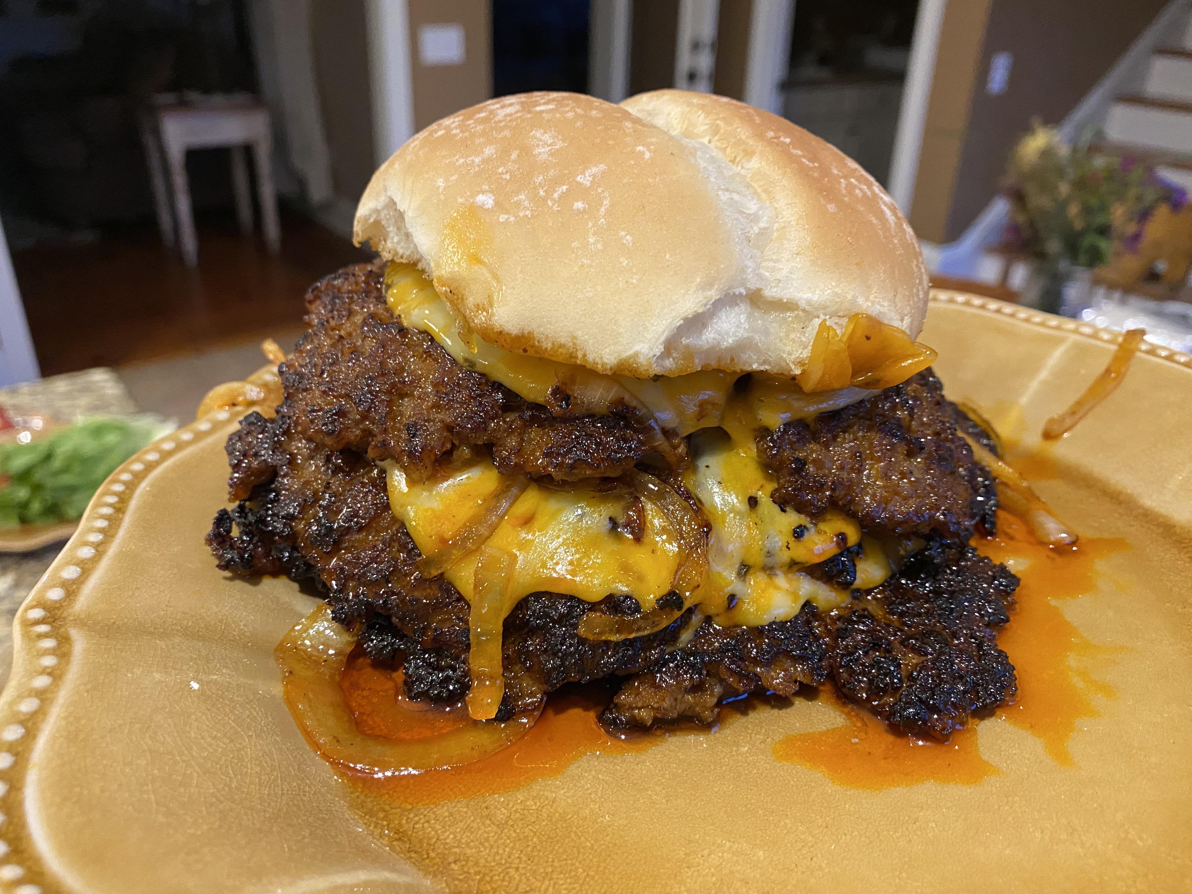 Chorizo triple Oklahoma onion smash burger Dining and Cooking