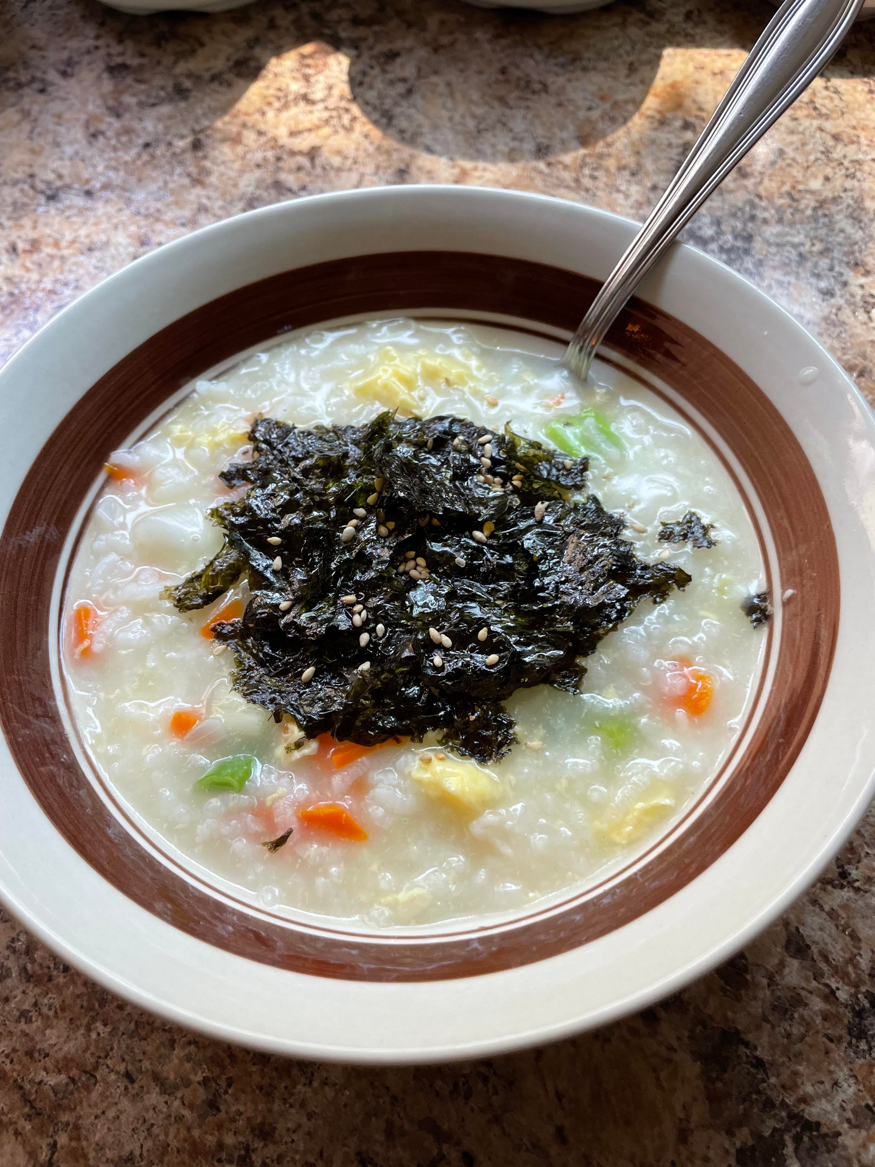 my shrimp porridge i made following Maangchi’s recipe Dining and Cooking