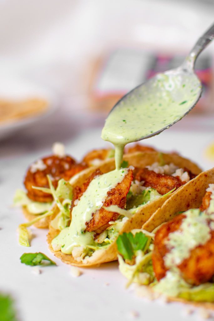 Keto Shrimp Tacos with Garlic Lime Cilantro Sauce