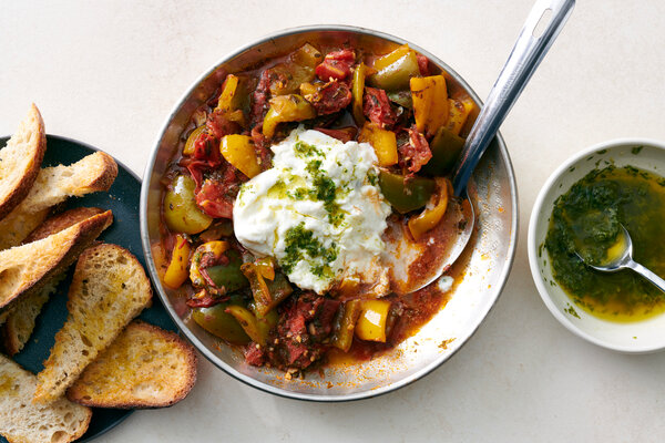 Taktouka With Burrata and Lime-Parsley Oil