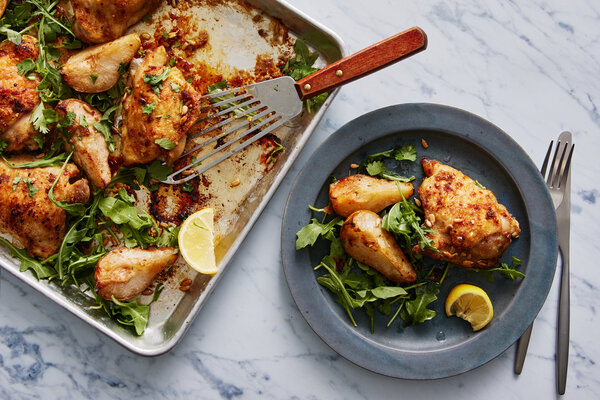 Sheet-Pan Roasted Chicken With Pears and Arugula