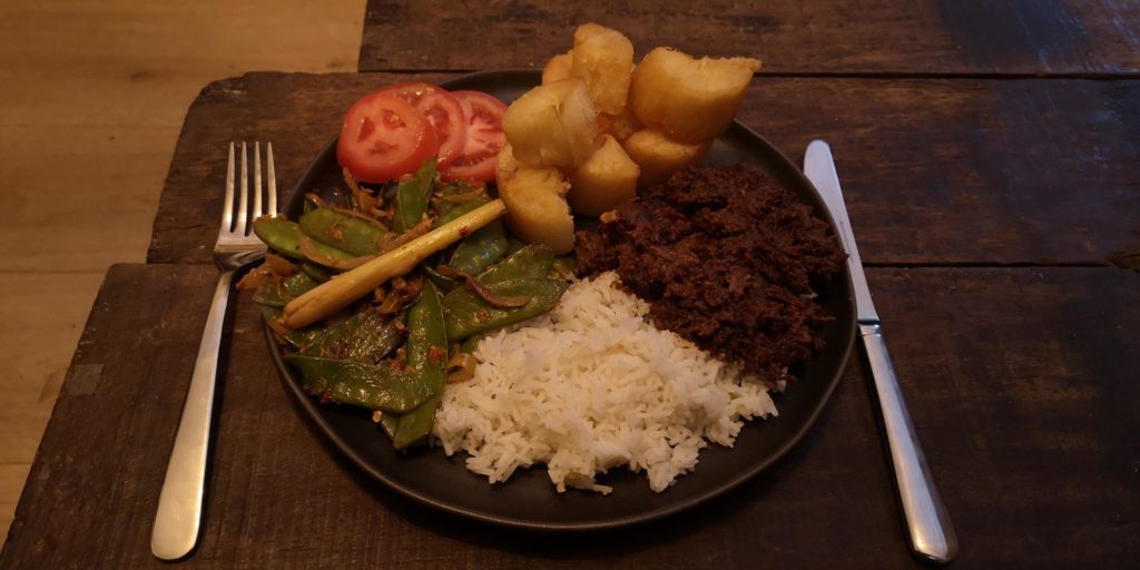 Rendang, snow peas in sambal with shrimp paste, fried cassava