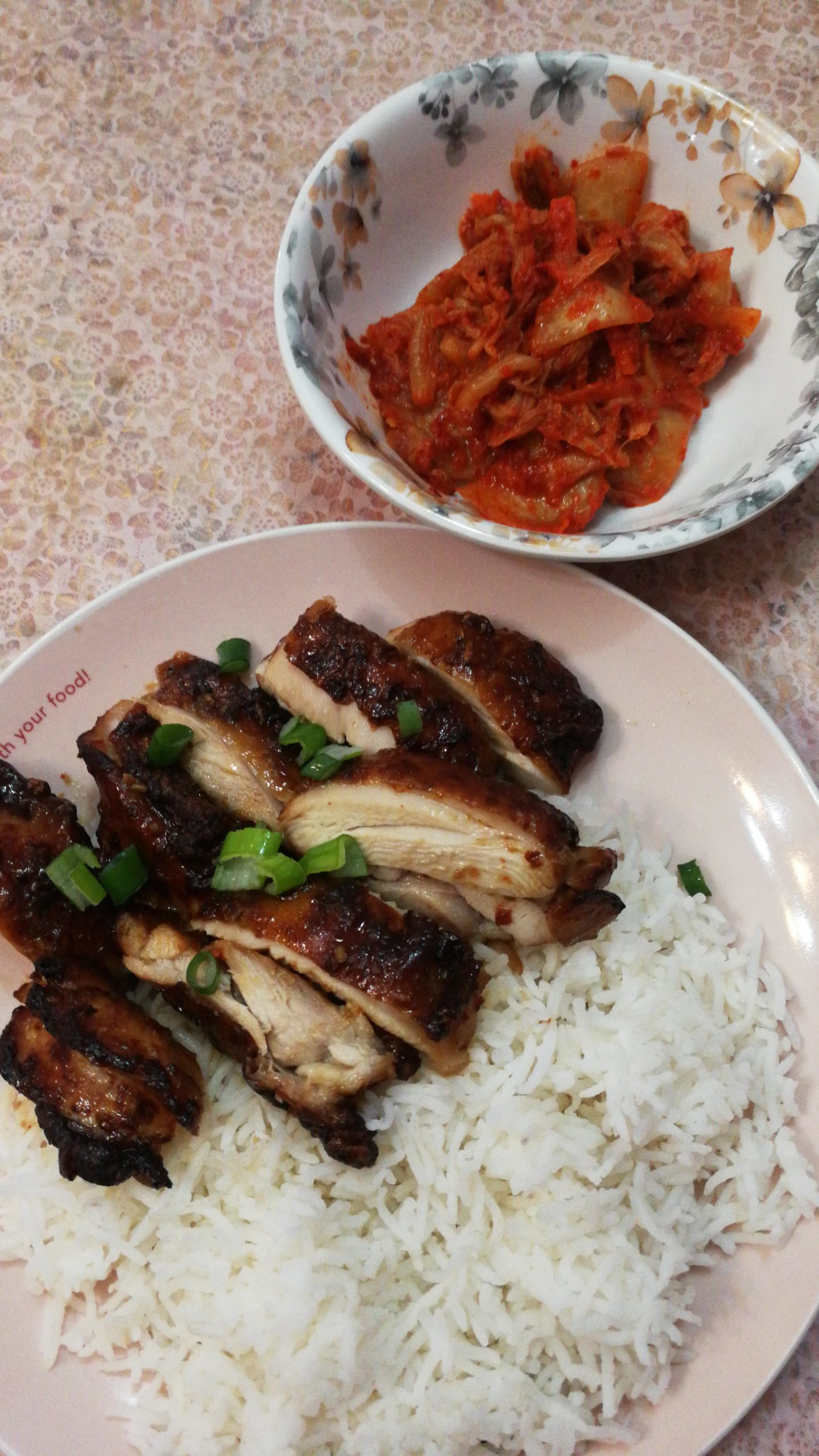 Asian style chicken thighs and rice! 690 calories ️ (oh and my kimchi
