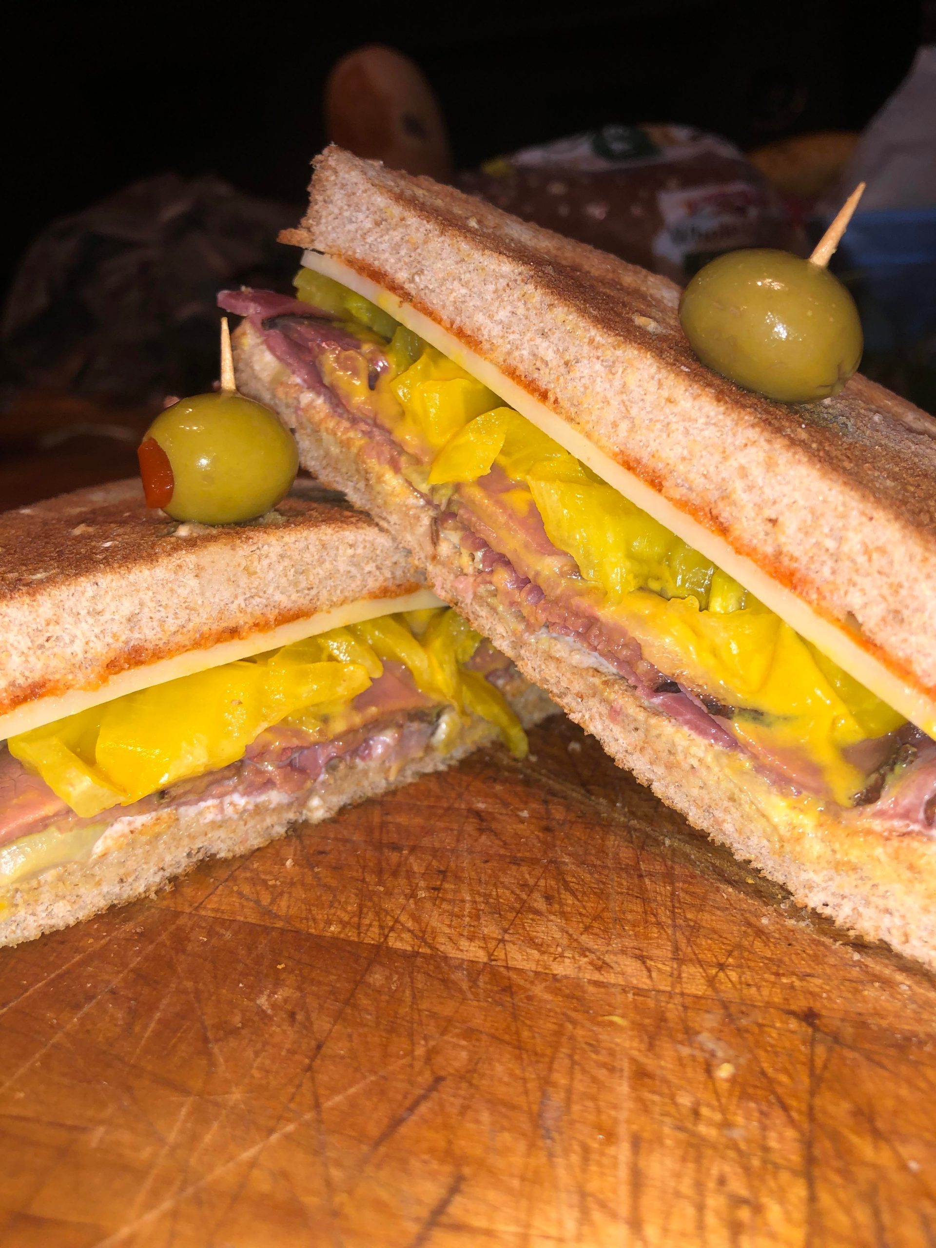 pastrami and swiss with marinated mushrooms and banana peppers Dining