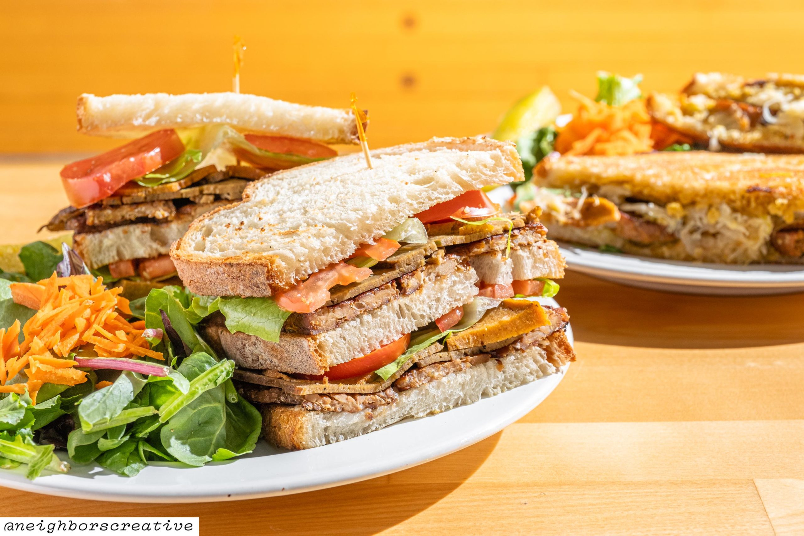 Vegan Club Sandwich with seitan and tempeh Dining and Cooking