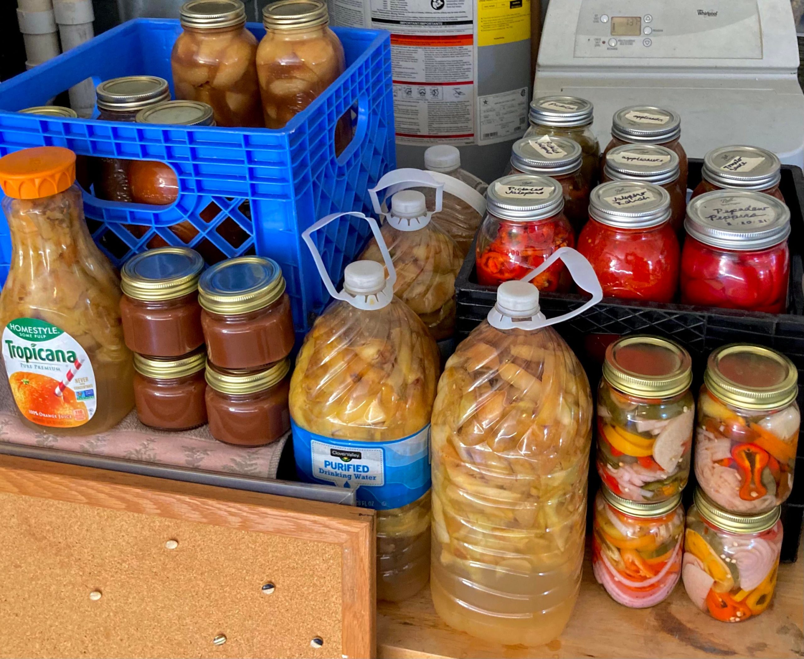 16 jars of apple butter, 8 jars of tomato sauce, 12 jars of pickles, 6
