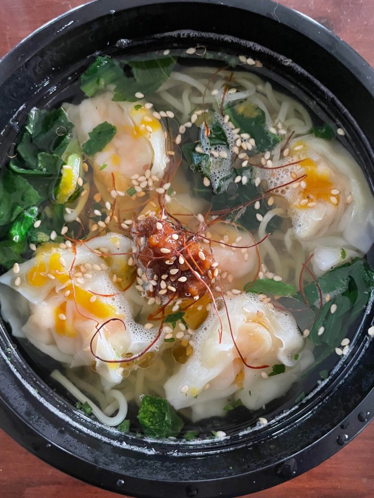 Costco sells some pretty tasty frozen Ramen bowls. This is the Authentic Asia shrimp wonton Shoyu Ramen with bok choy that I added sesame oil, yellow Sriracha, chili garlic paste, red pepper threads, and sesame seeds.
