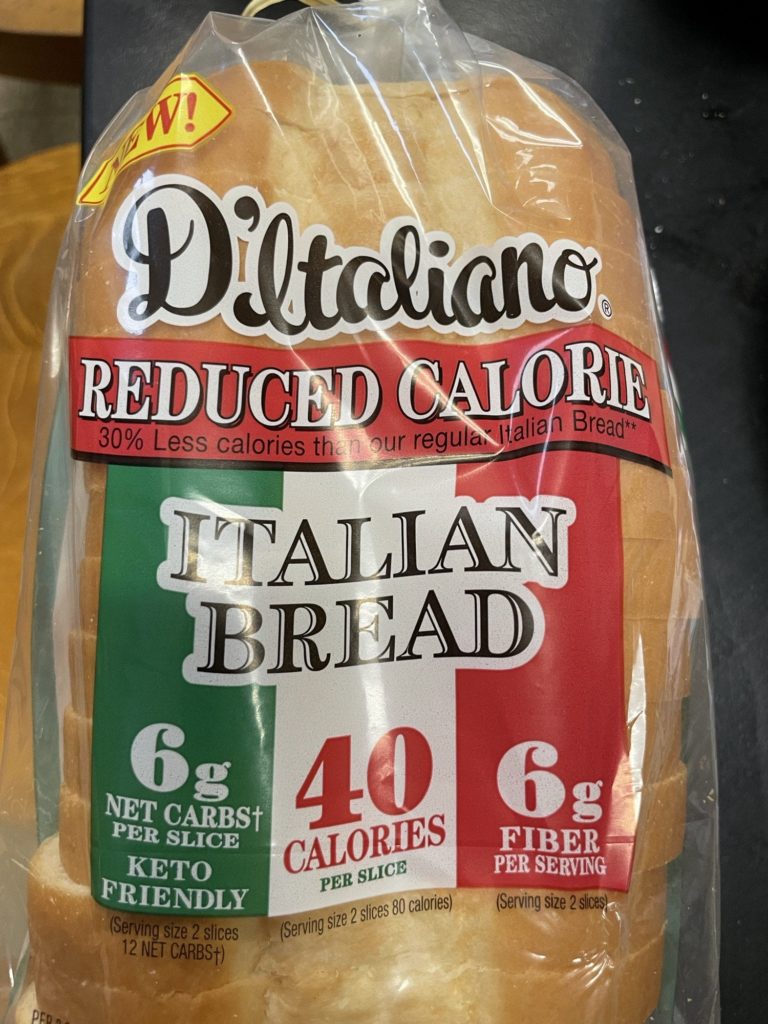 D’Italiano Reduced Calorie Italian Bread. Just spotted this morning. It’s the perfect soft, white, slightly sweet bread of my childhood but for 40 calories per slice. Does not taste at all like “diet bread”.