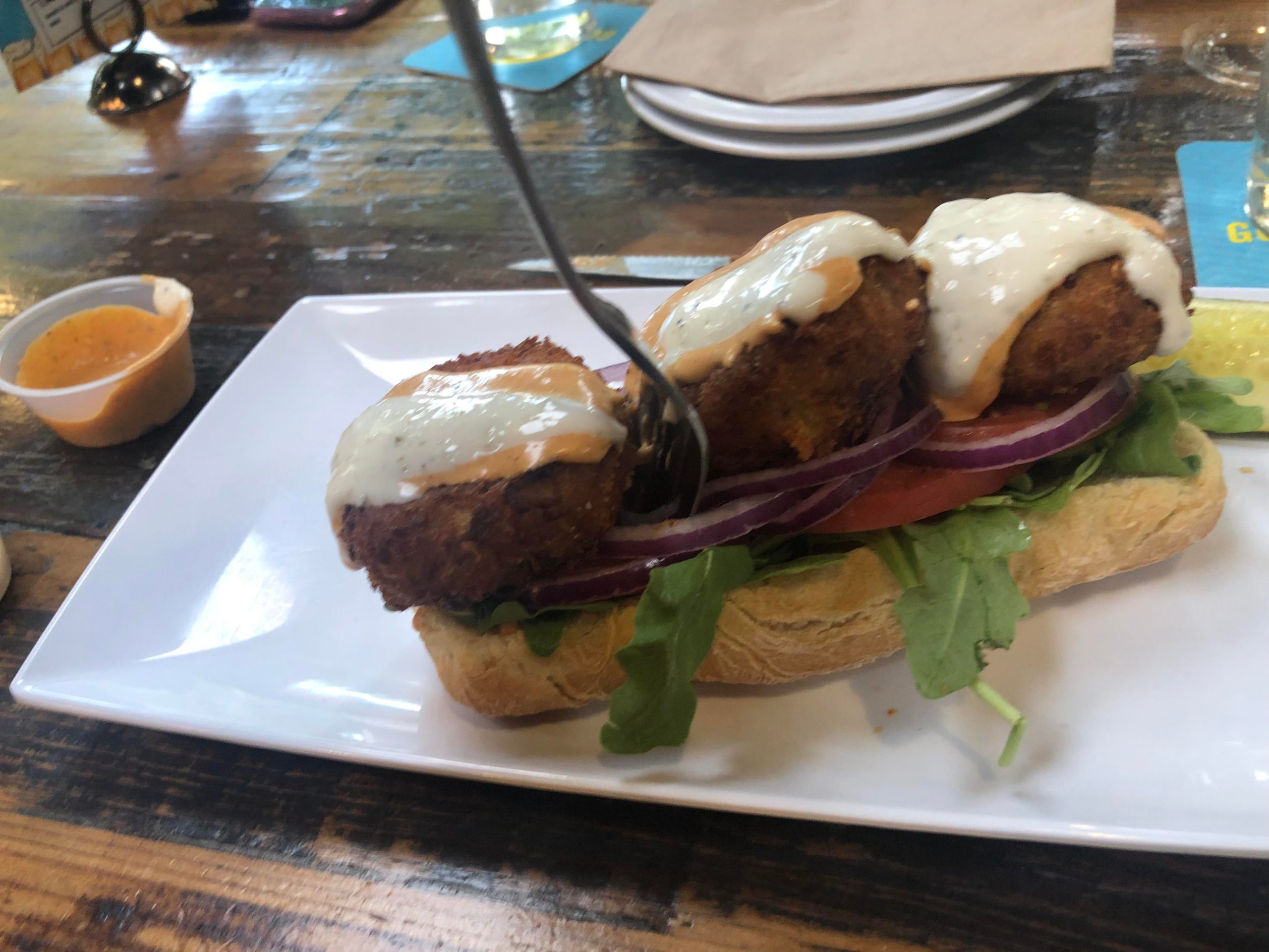 Open faced “crab cake” po boy (made with artichoke hearts) Dining and Cooking