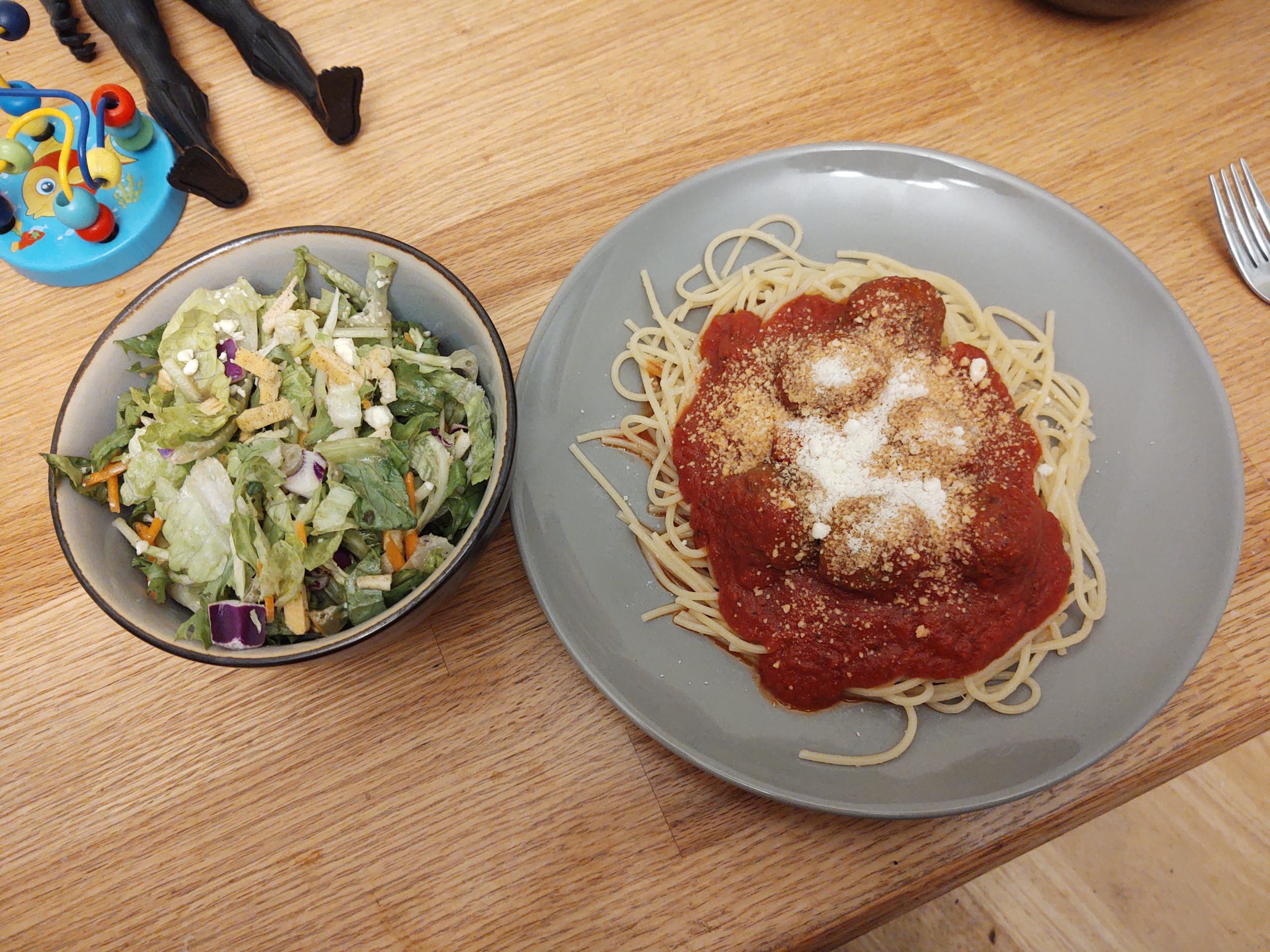 Dinner courtesy of Costco's Convenient Cuisine spaghetti and meatballs with the Mediterranean