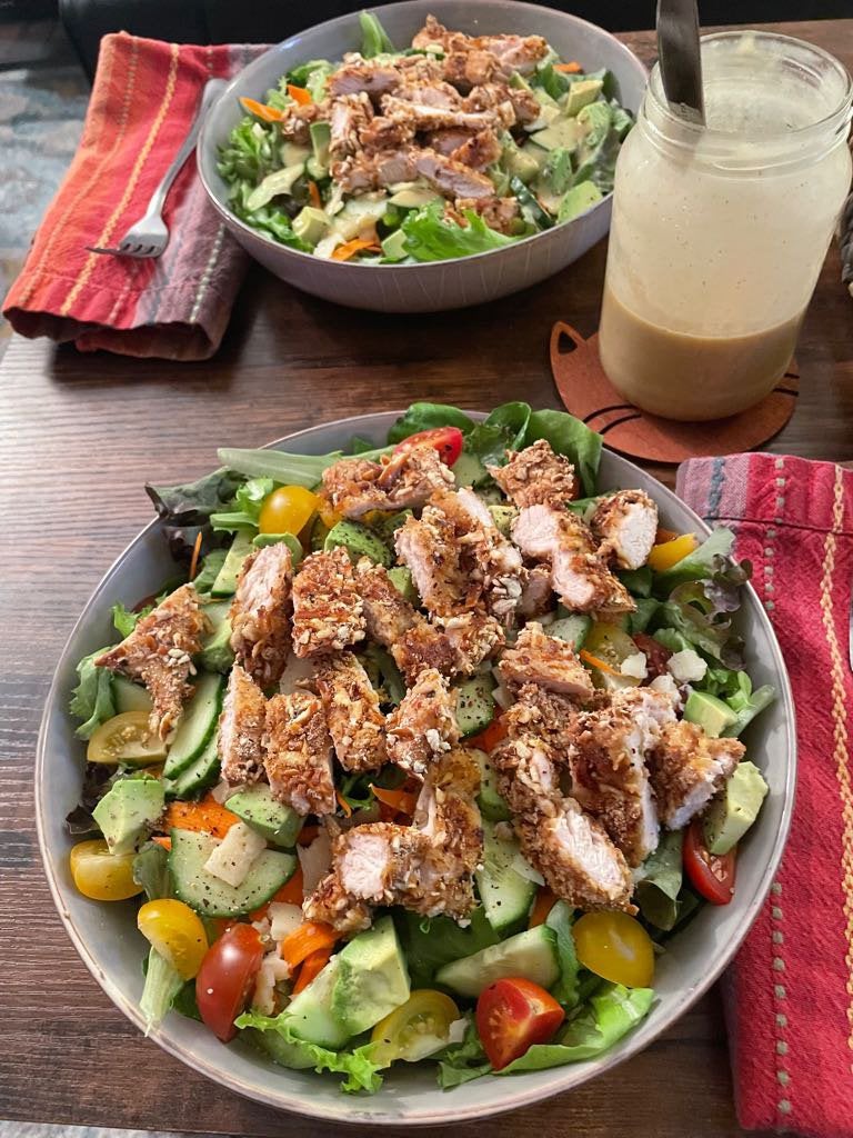 Pretzel coated chicken tender salad with homemade honey mustard. recipe