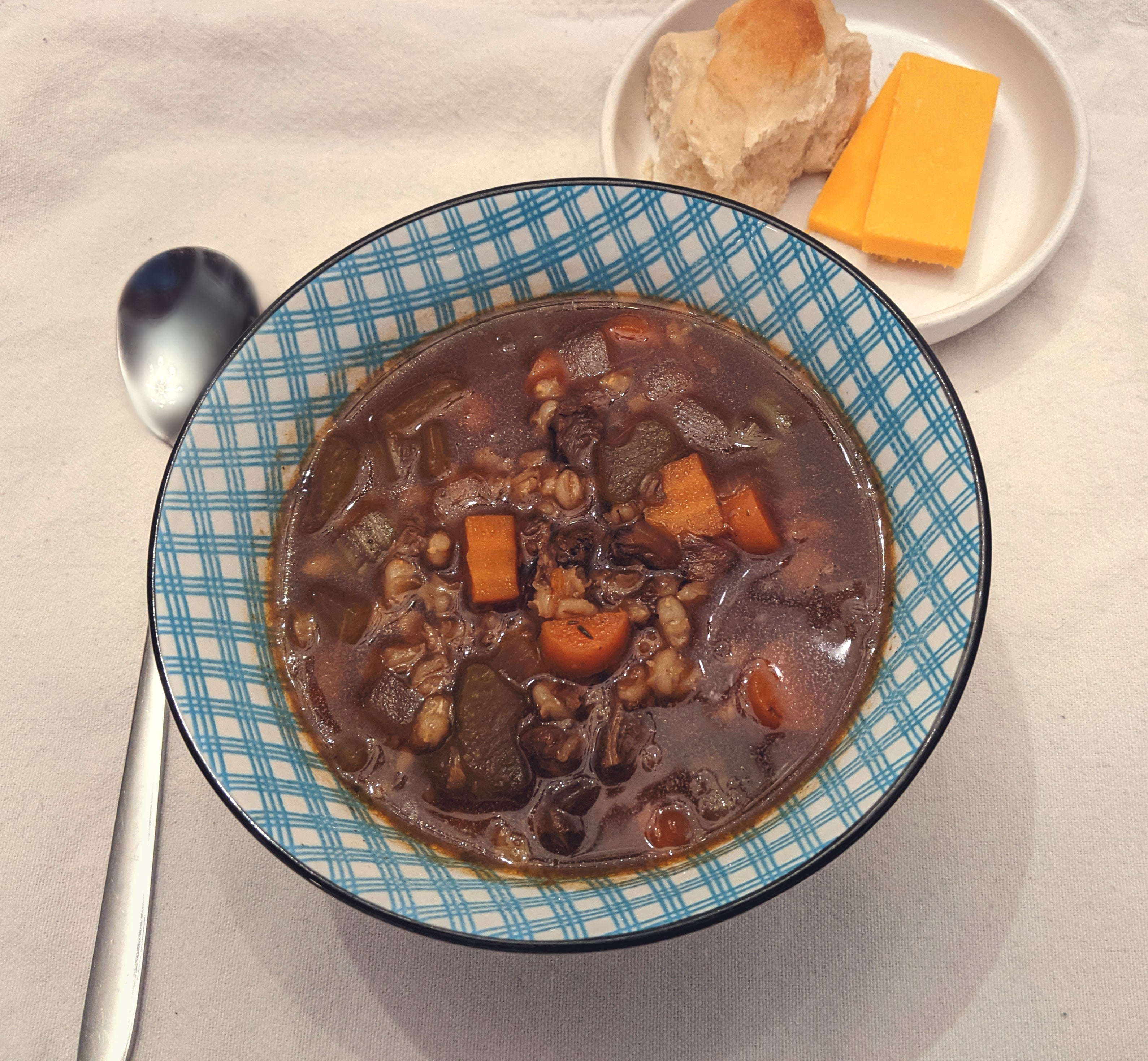 Beef and barley soup using leftover prime rib bones. Dining and Cooking