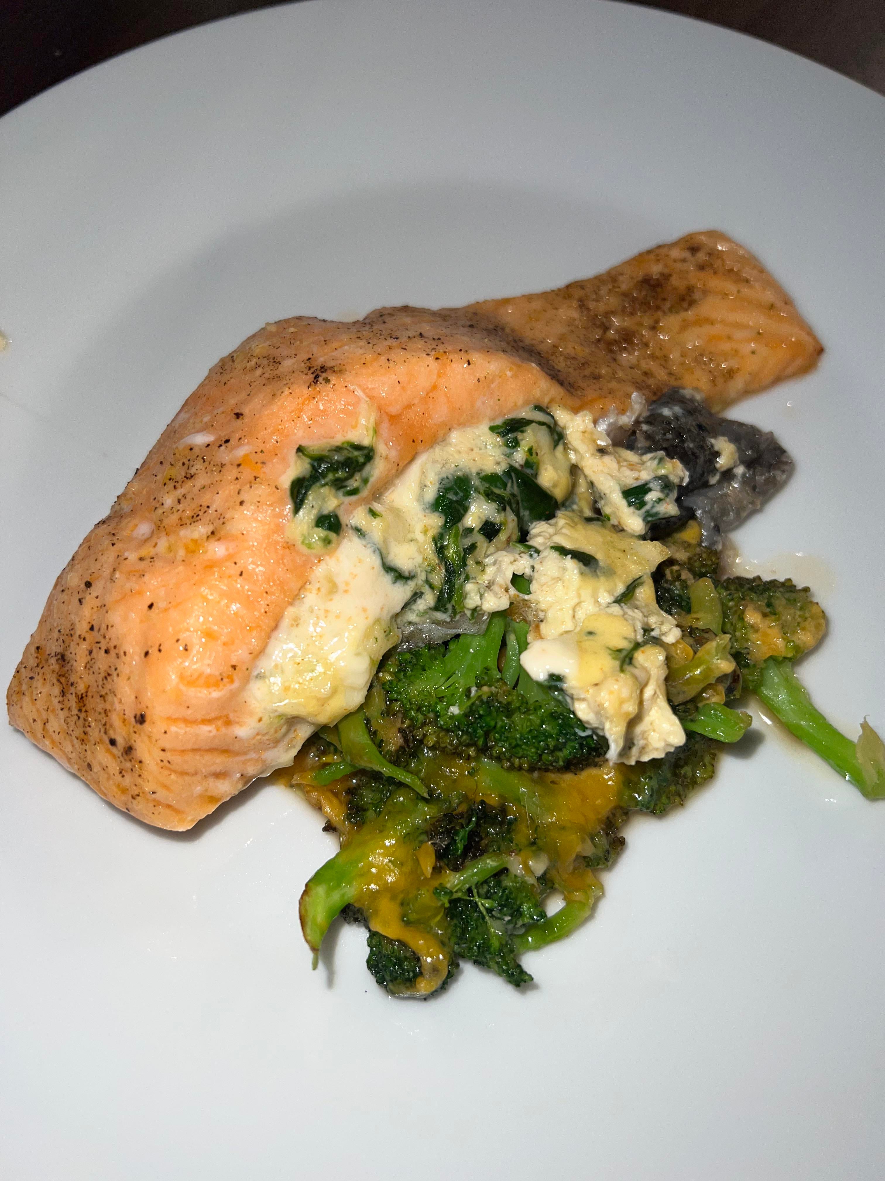 Crab and spinach stuffed salmon, with cheesy broccoli ) Dining and