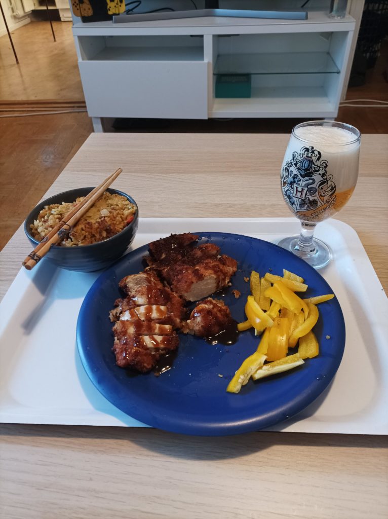 Made chicken katsu with wooked fried rice