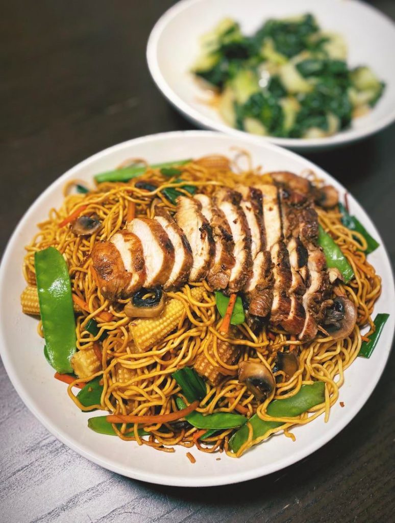 Lo mein and sesame-ginger chicken.