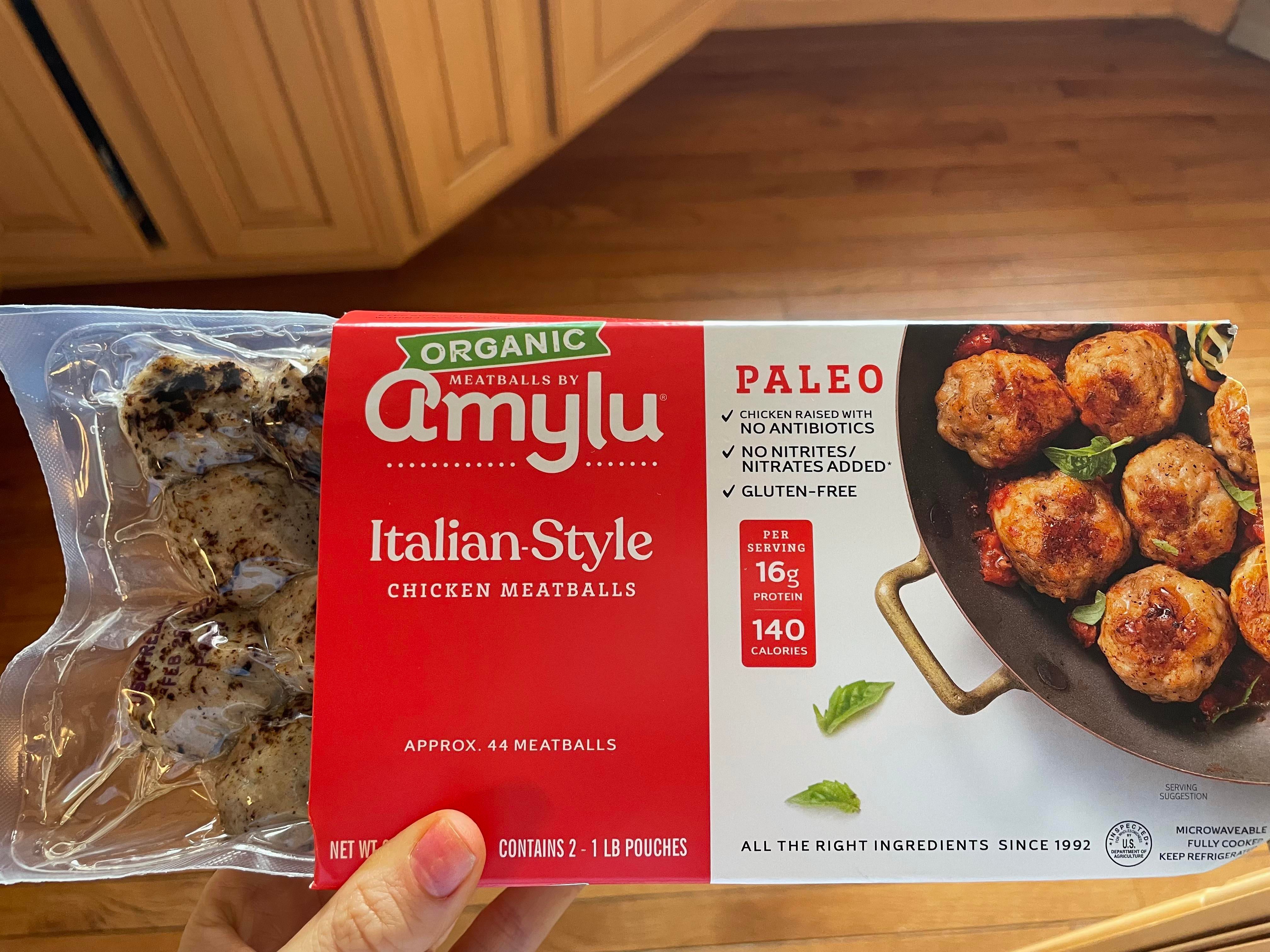 Paleo meatballs from Costco. Four for 140 calories, tasty and great