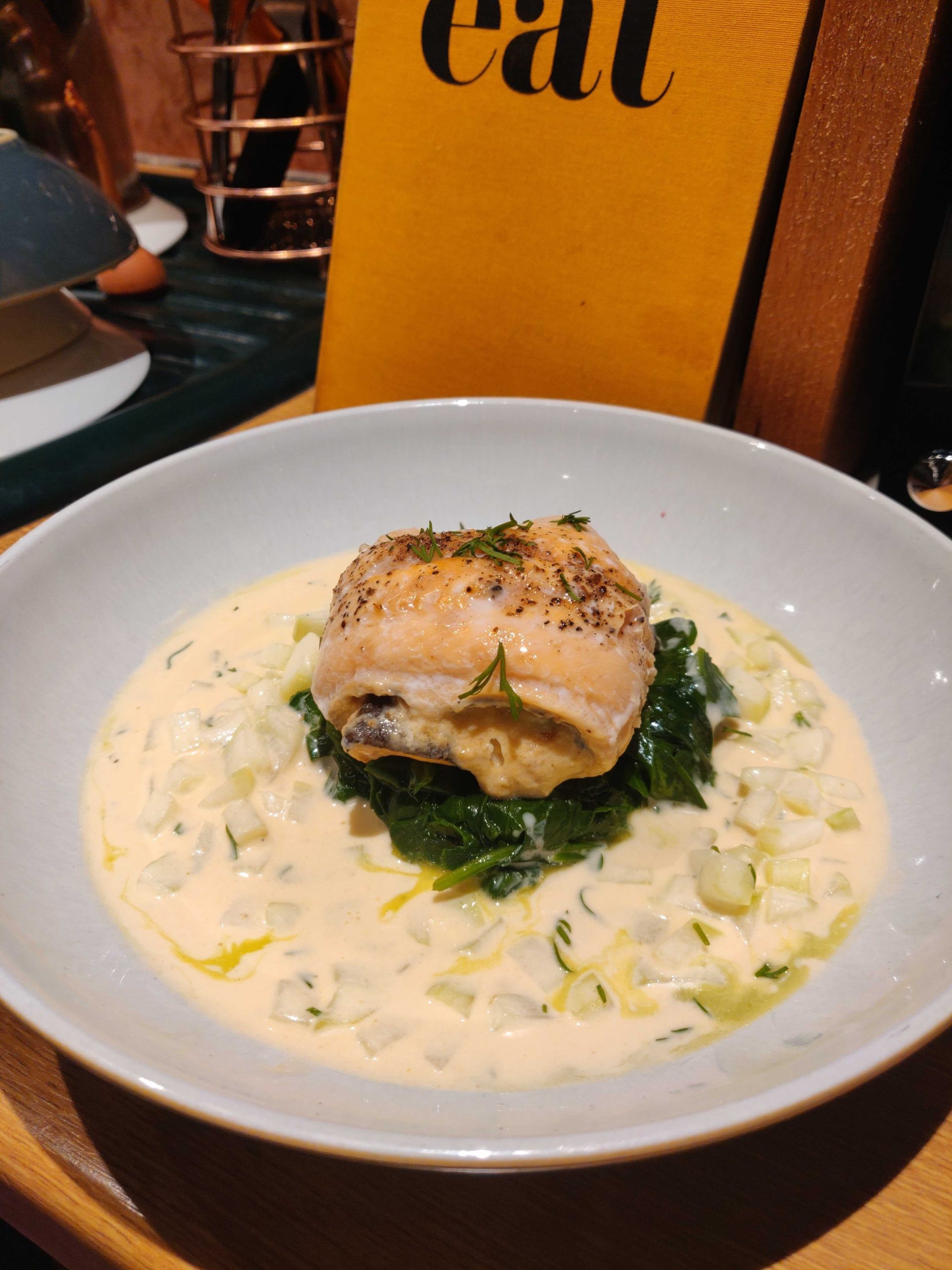 Crabstuffed Trout with Spinach and Cucumber Cream sauce Dining and Cooking