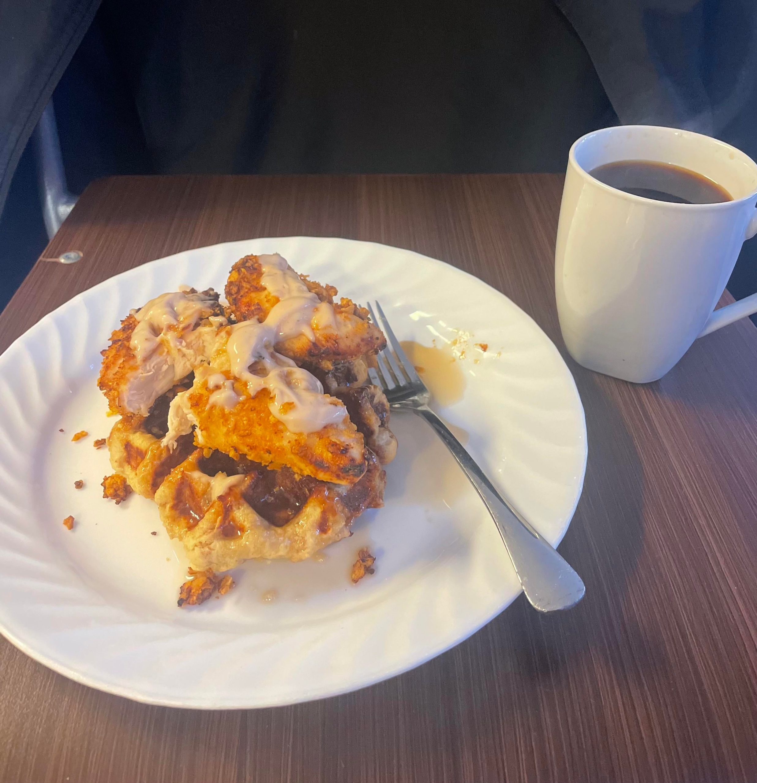 Corn flake chicken tenders and high protein caramelized liege waffle